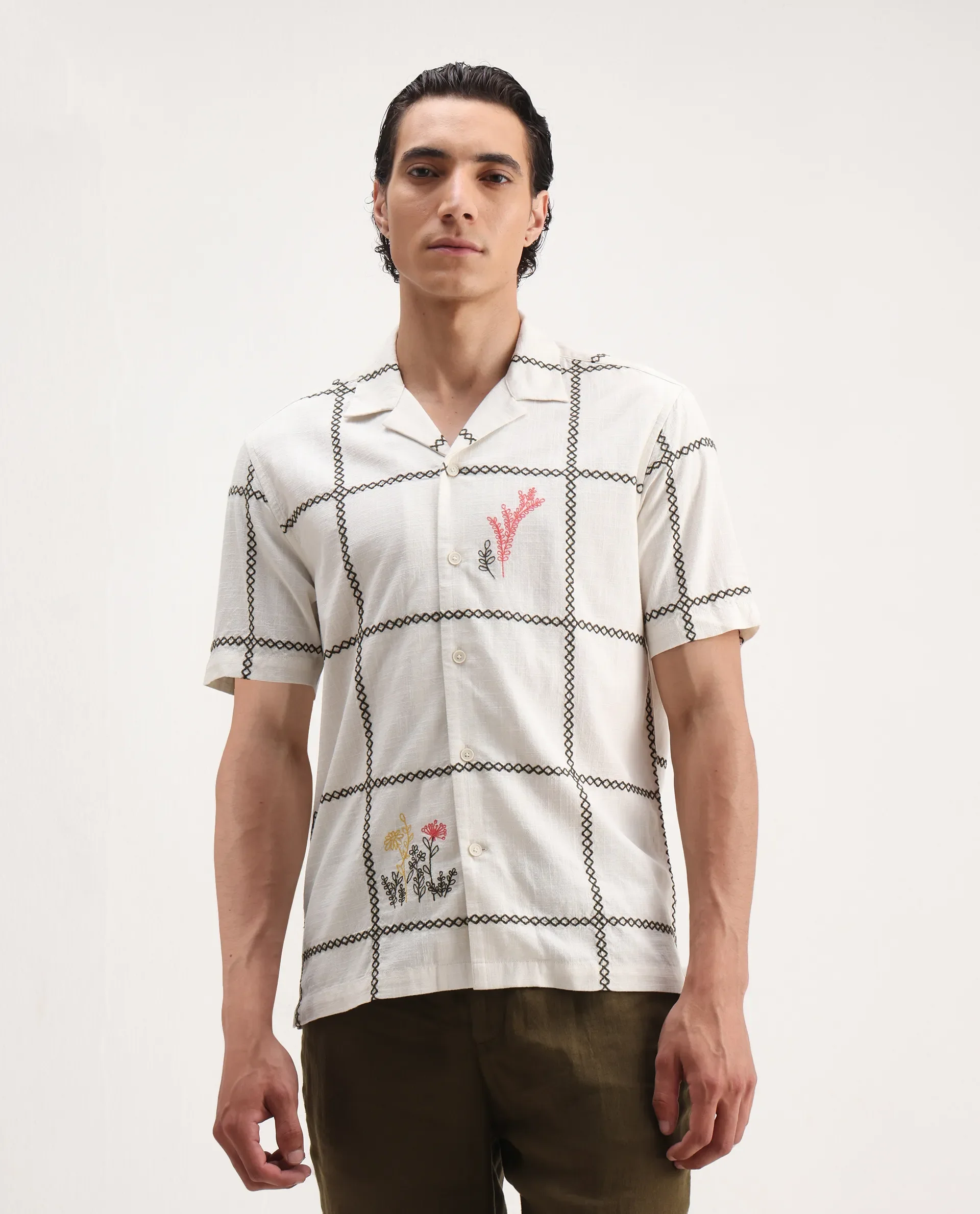 Rare Rabbit Men's Refty Off White Cotton Blend Embroidered Boxy Fit Half Sleeve Cuban Collar Shirt - Image 6