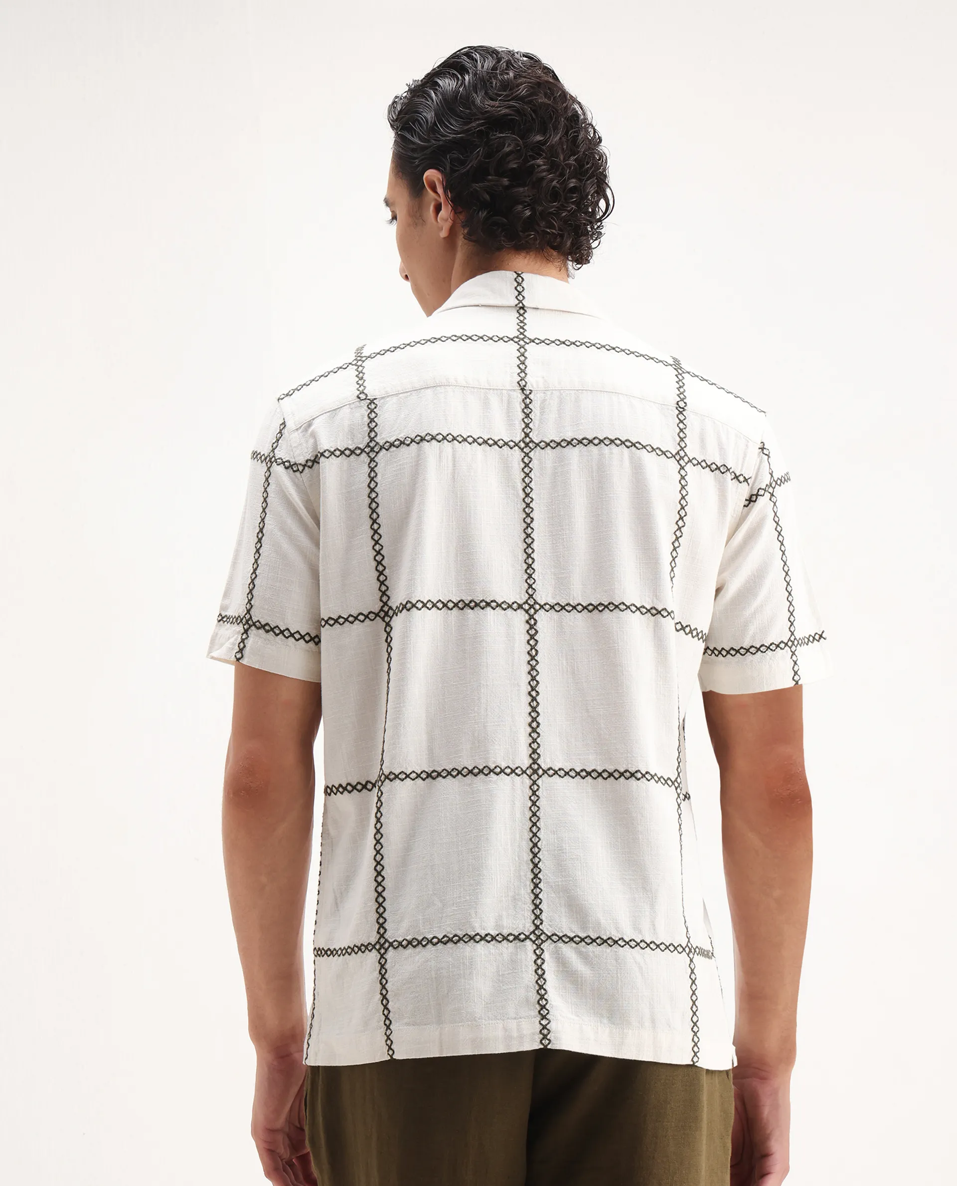 Rare Rabbit Men's Refty Off White Cotton Blend Embroidered Boxy Fit Half Sleeve Cuban Collar Shirt - Image 7