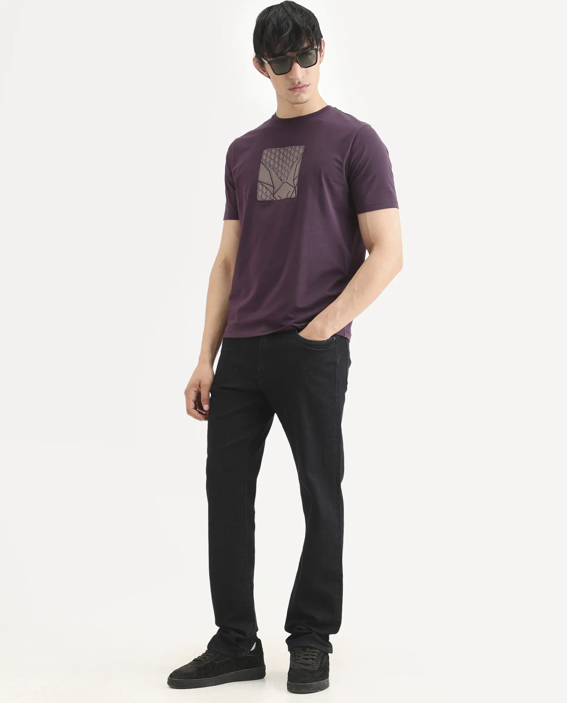 Rare Rabbit Men's Reg Dark Purple Cotton Blend Fabric Half Sleeve Crew Neck Regular Fit Graphic Print T-Shirt - Image 2