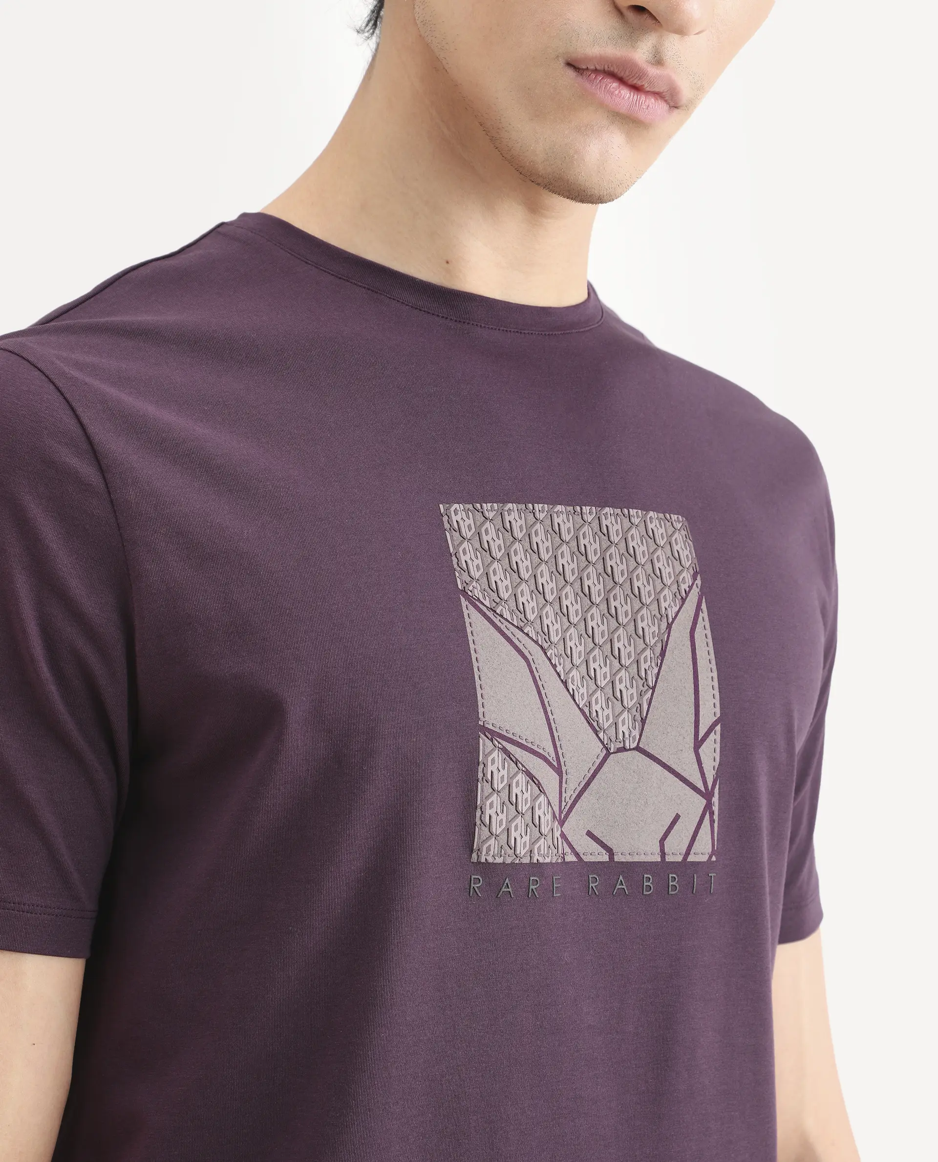 Rare Rabbit Men's Reg Dark Purple Cotton Blend Fabric Half Sleeve Crew Neck Regular Fit Graphic Print T-Shirt - Image 3