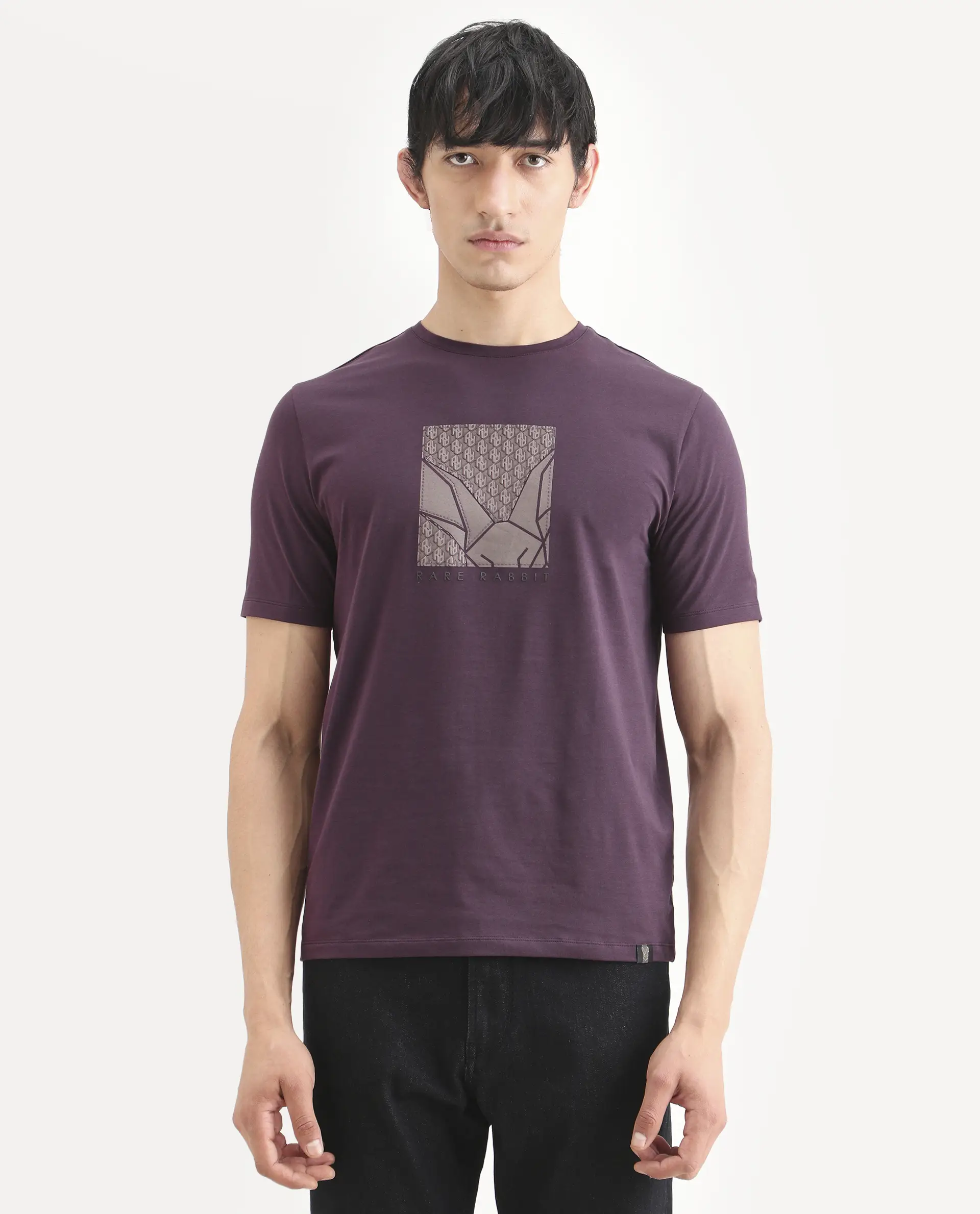 Rare Rabbit Men's Reg Dark Purple Cotton Blend Fabric Half Sleeve Crew Neck Regular Fit Graphic Print T-Shirt - Image 4