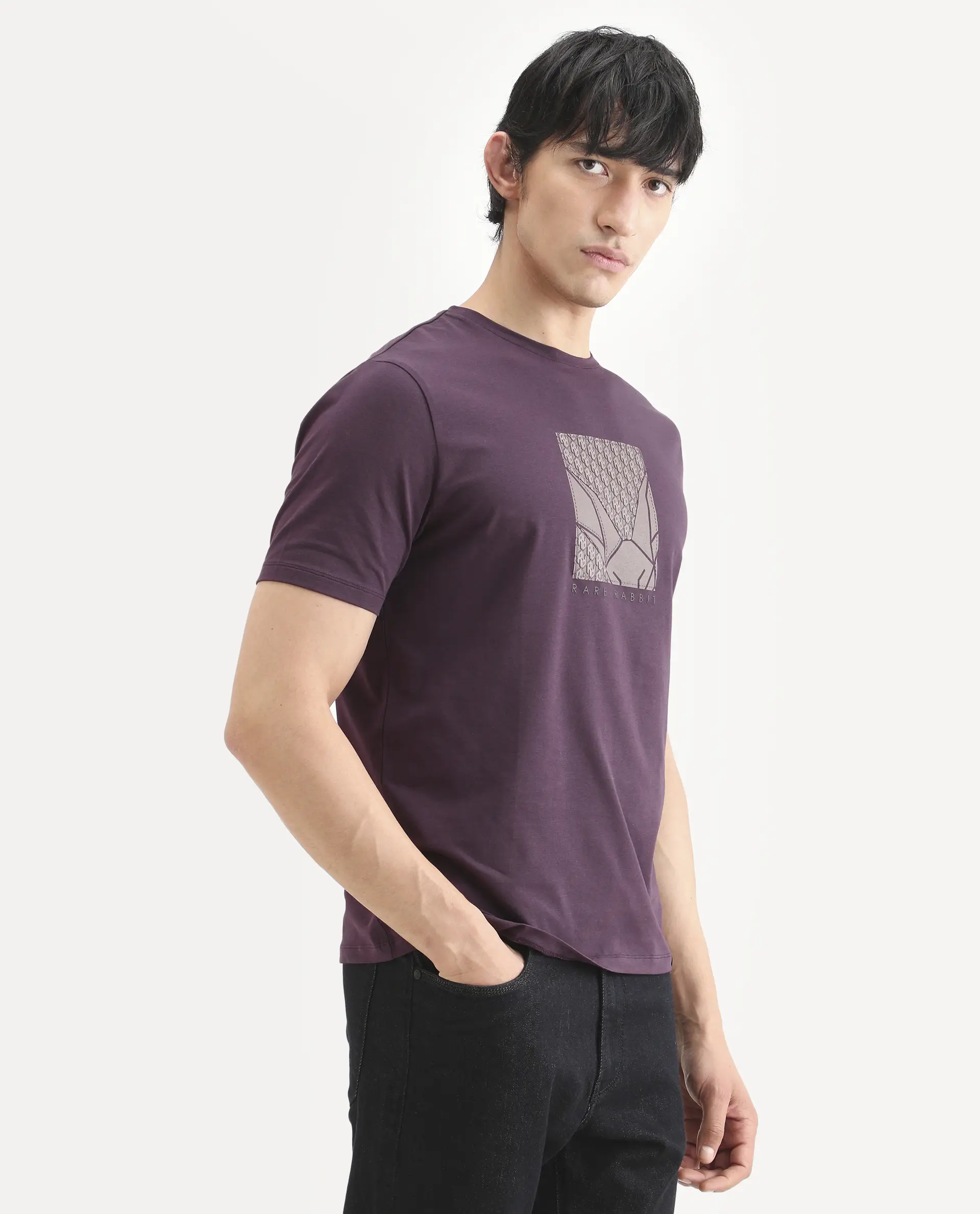 Rare Rabbit Men's Reg Dark Purple Cotton Blend Fabric Half Sleeve Crew Neck Regular Fit Graphic Print T-Shirt - Image 6