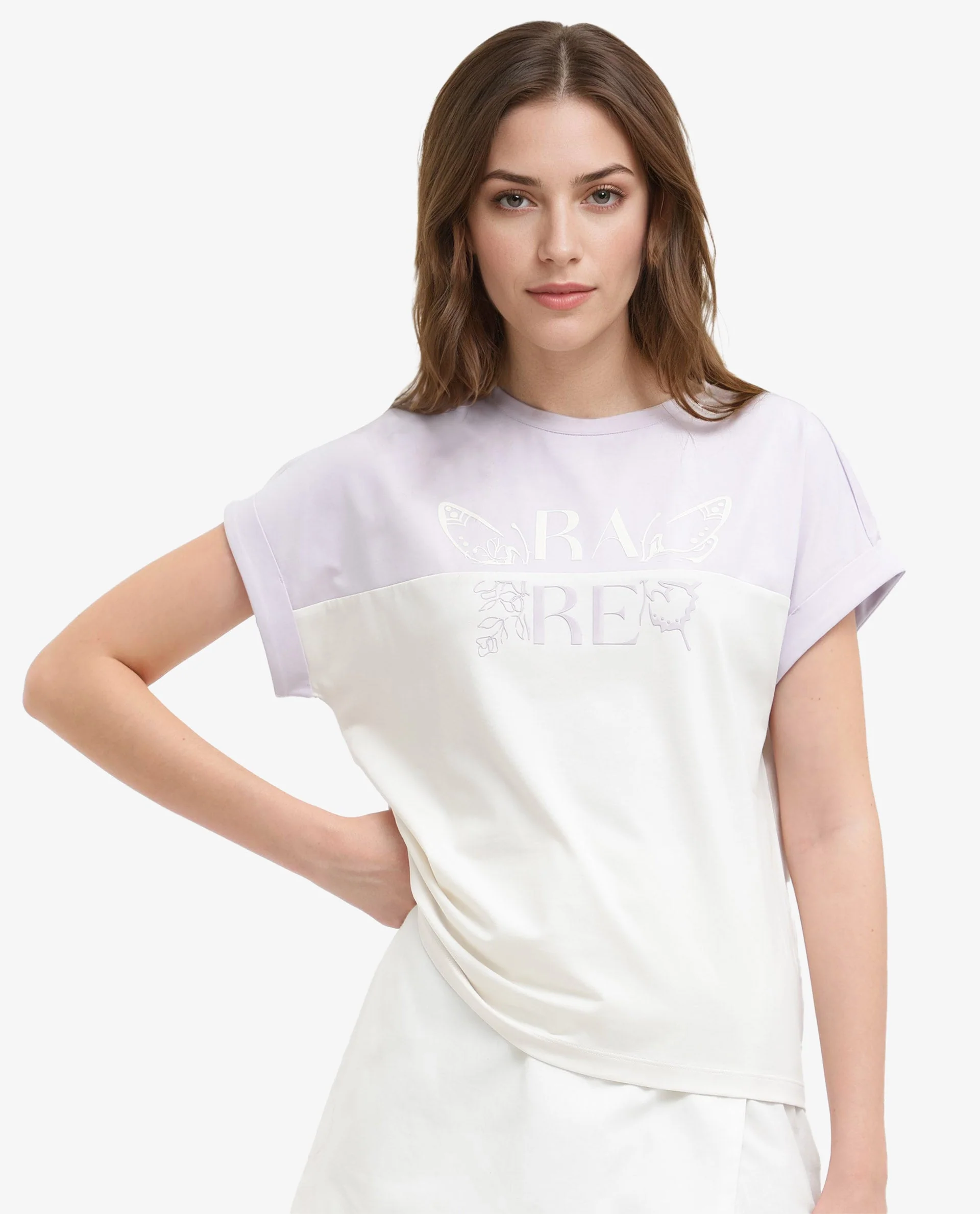 Rareism Women's Regardo Off White Cotton Blend Crew Neck Graphic Print Extended Sleeves Boxy Fit T-Shirt