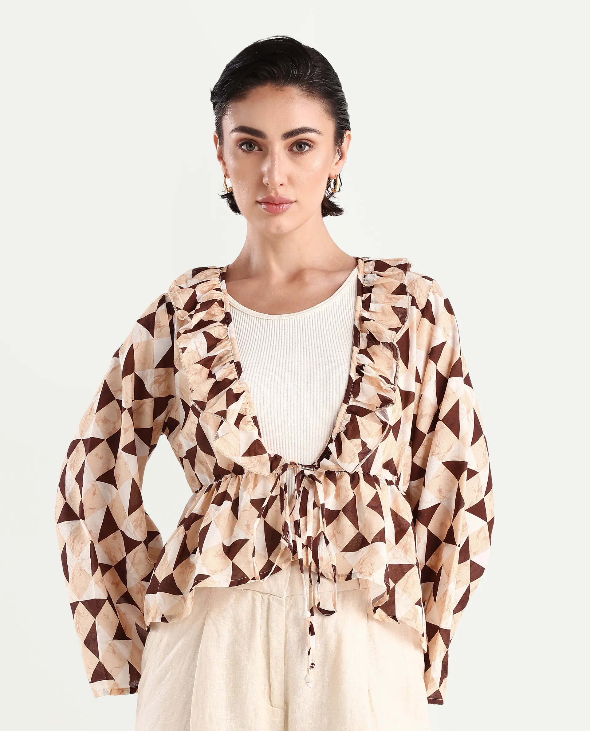 Rareism Women's Reggio Light Multi Cotton Blend Tie-Up Neck Geometric Print Bell Sleeve Regular Fit Top - Image 3