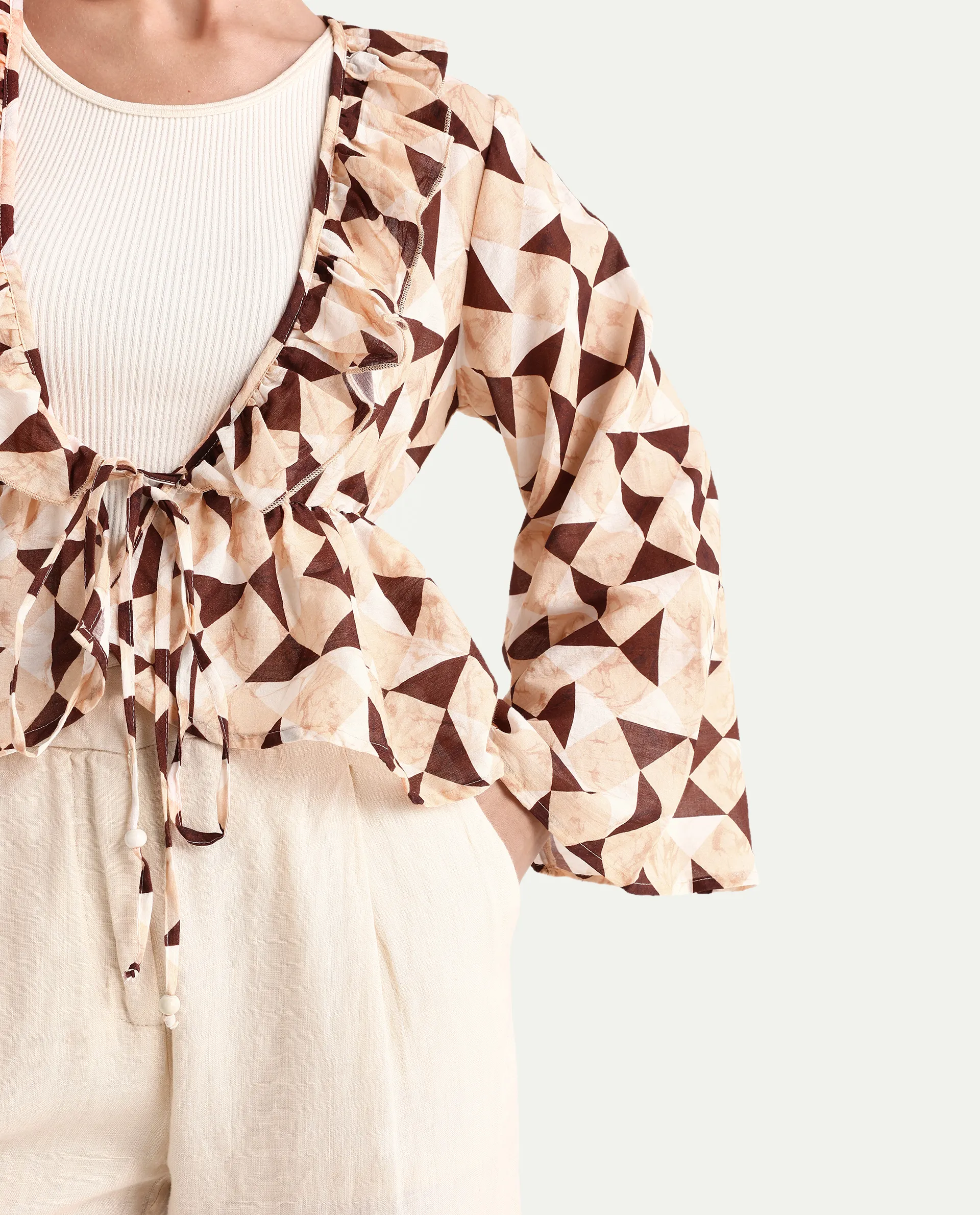 Rareism Women's Reggio Light Multi Cotton Blend Tie-Up Neck Geometric Print Bell Sleeve Regular Fit Top - Image 4