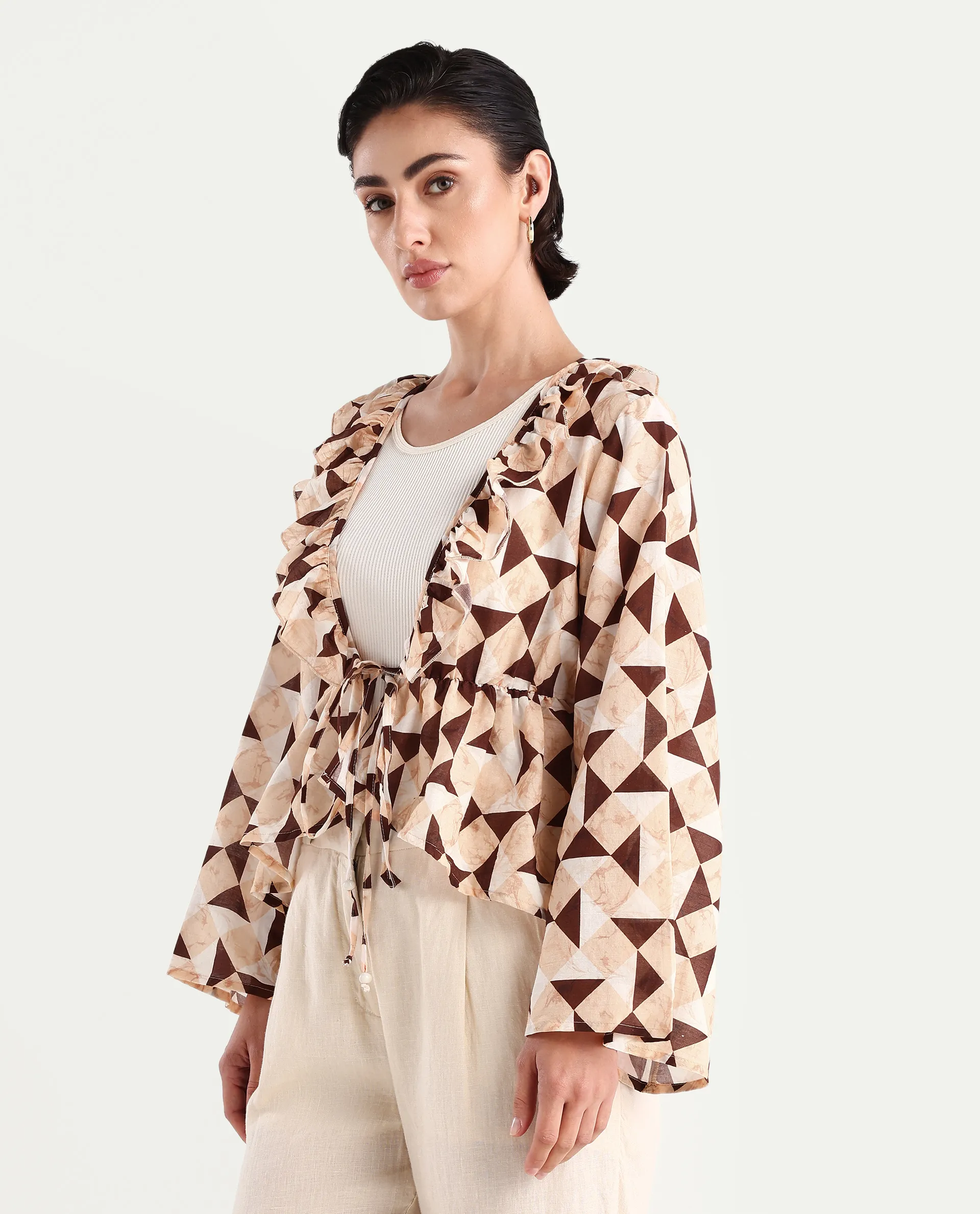 Rareism Women's Reggio Light Multi Cotton Blend Tie-Up Neck Geometric Print Bell Sleeve Regular Fit Top - Image 5