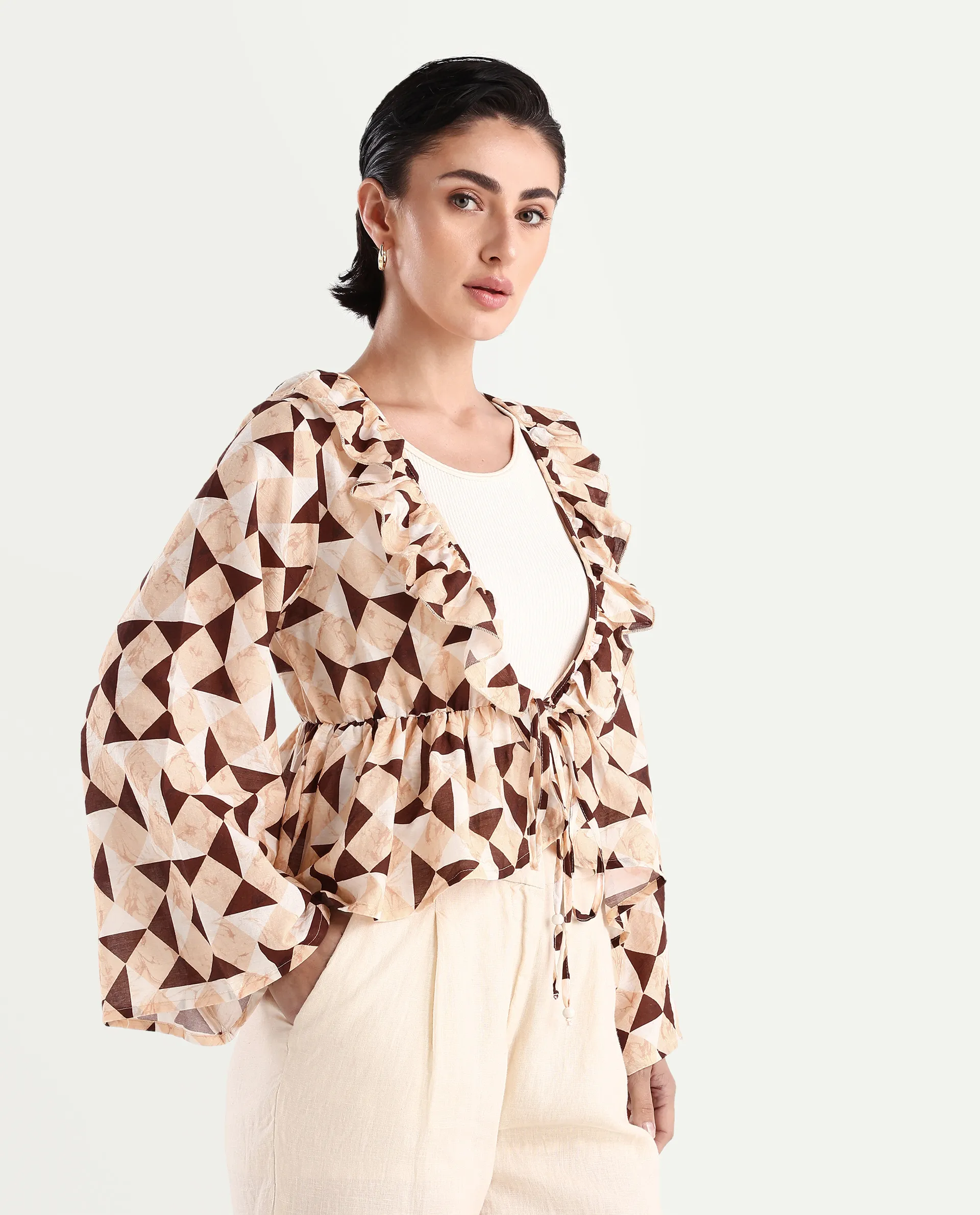Rareism Women's Reggio Light Multi Cotton Blend Tie-Up Neck Geometric Print Bell Sleeve Regular Fit Top - Image 6
