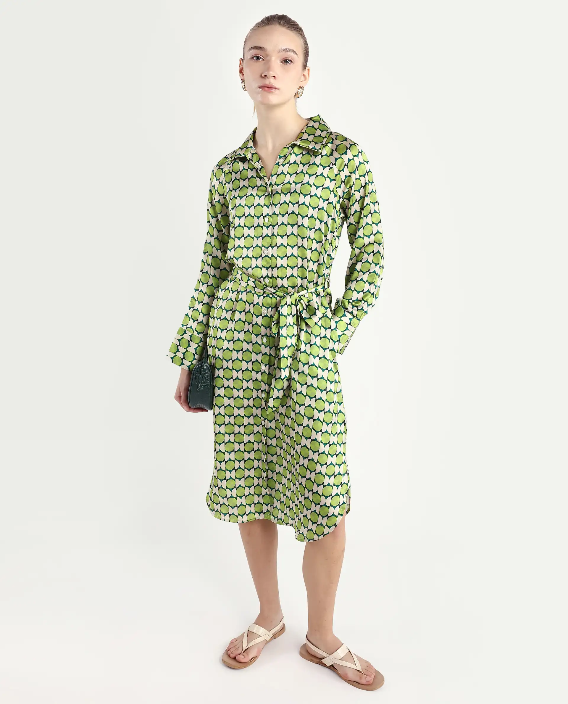 Rareism Women's Regis Green Cotton Blend Drop Collar Geometric Print Raglan Sleeve Midi A-Line Dress - Image 2
