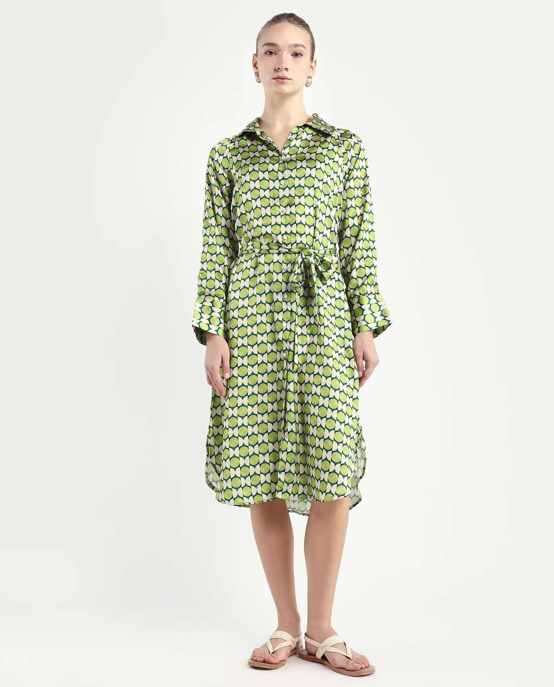 Rareism Women's Regis Green Cotton Blend Drop Collar Geometric Print Raglan Sleeve Midi A-Line Dress - Image 3