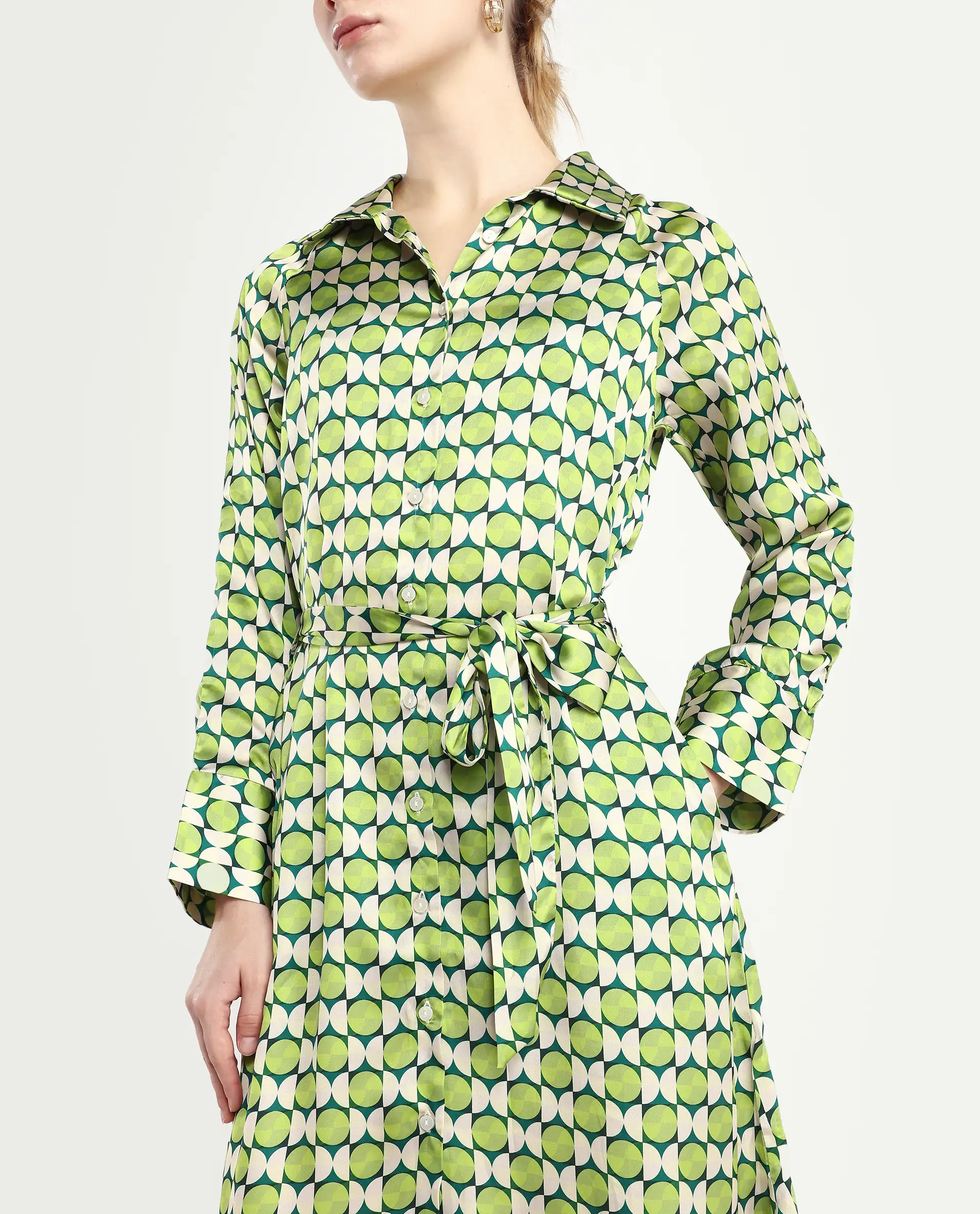 Rareism Women's Regis Green Cotton Blend Drop Collar Geometric Print Raglan Sleeve Midi A-Line Dress - Image 4
