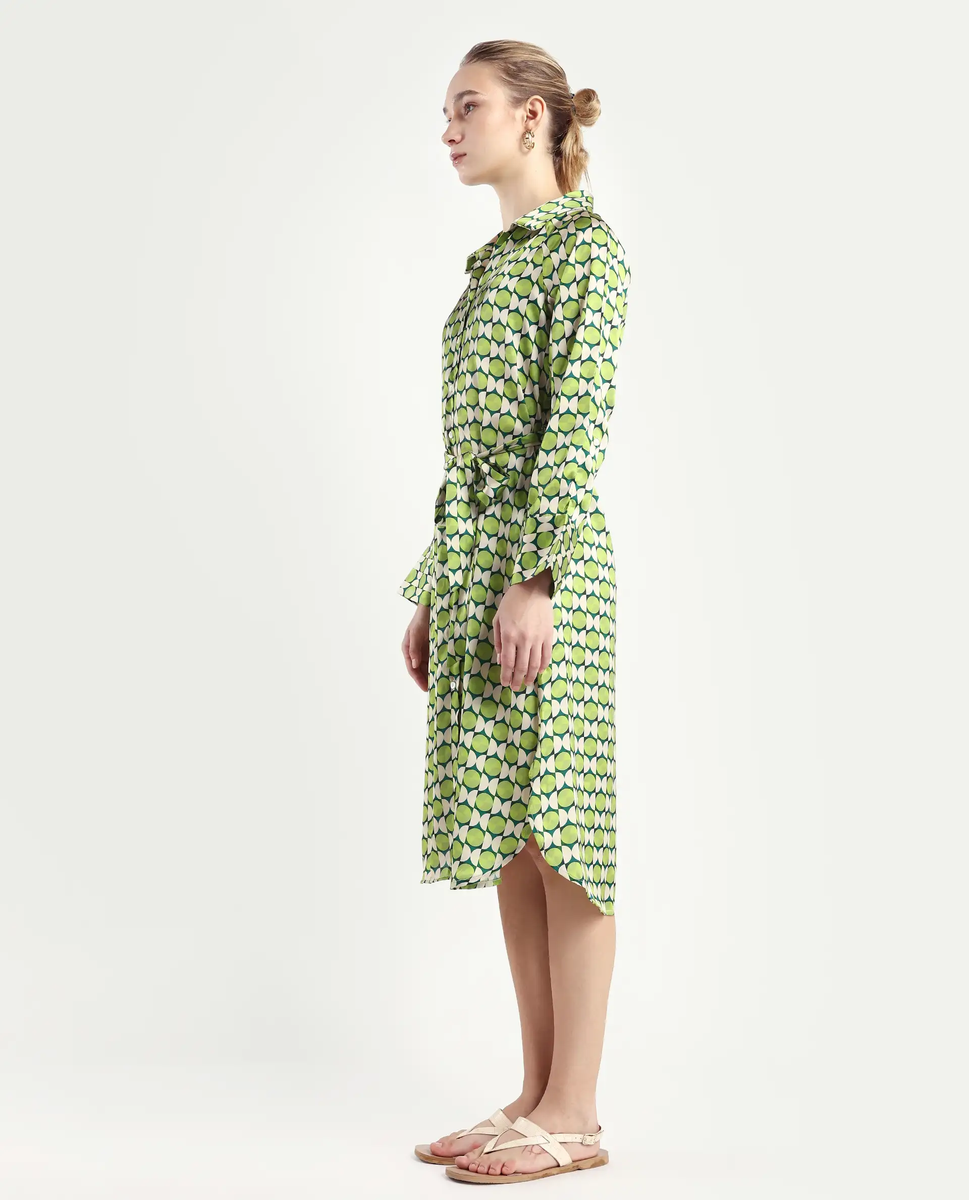 Rareism Women's Regis Green Cotton Blend Drop Collar Geometric Print Raglan Sleeve Midi A-Line Dress - Image 5