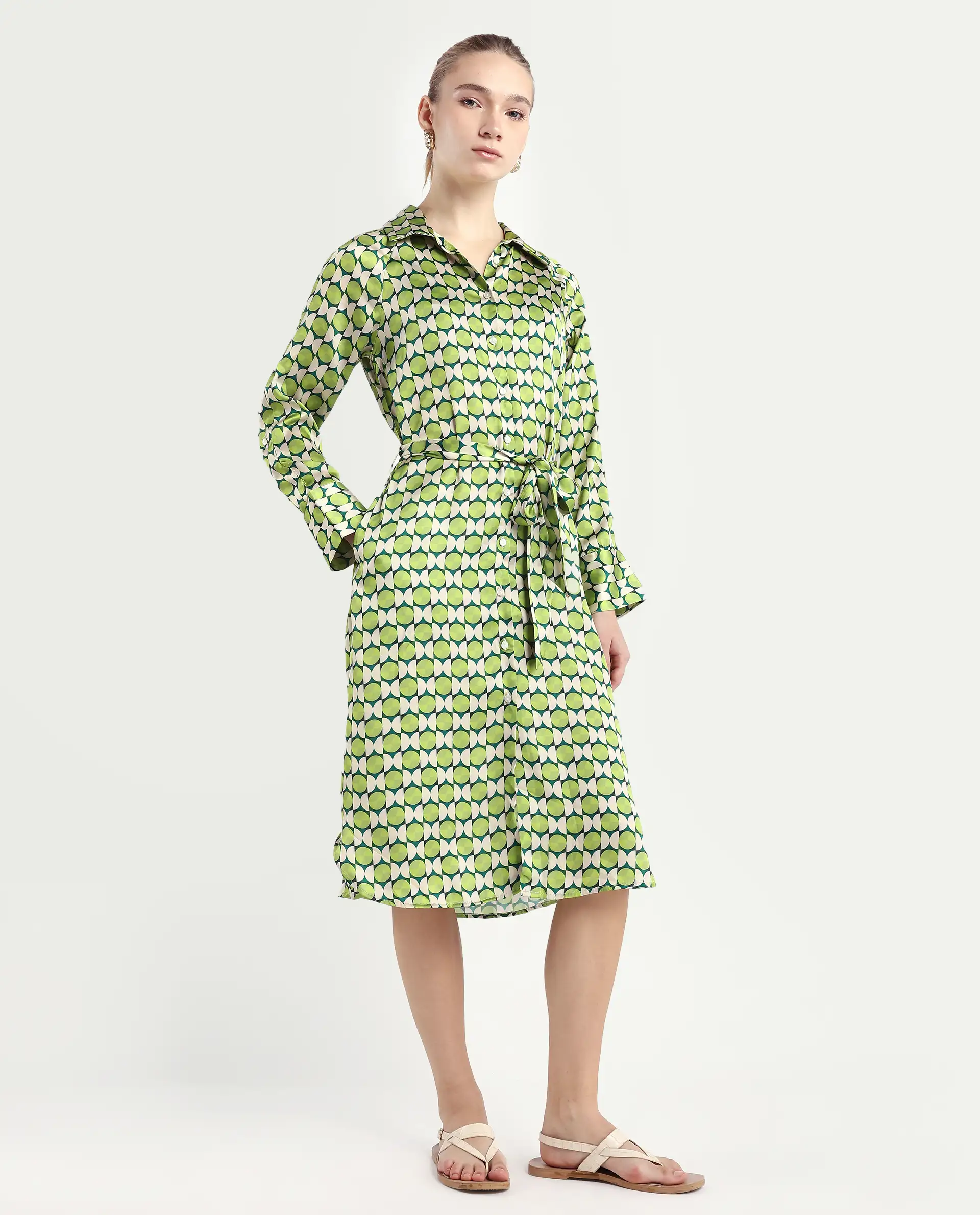 Rareism Women's Regis Green Cotton Blend Drop Collar Geometric Print Raglan Sleeve Midi A-Line Dress - Image 6
