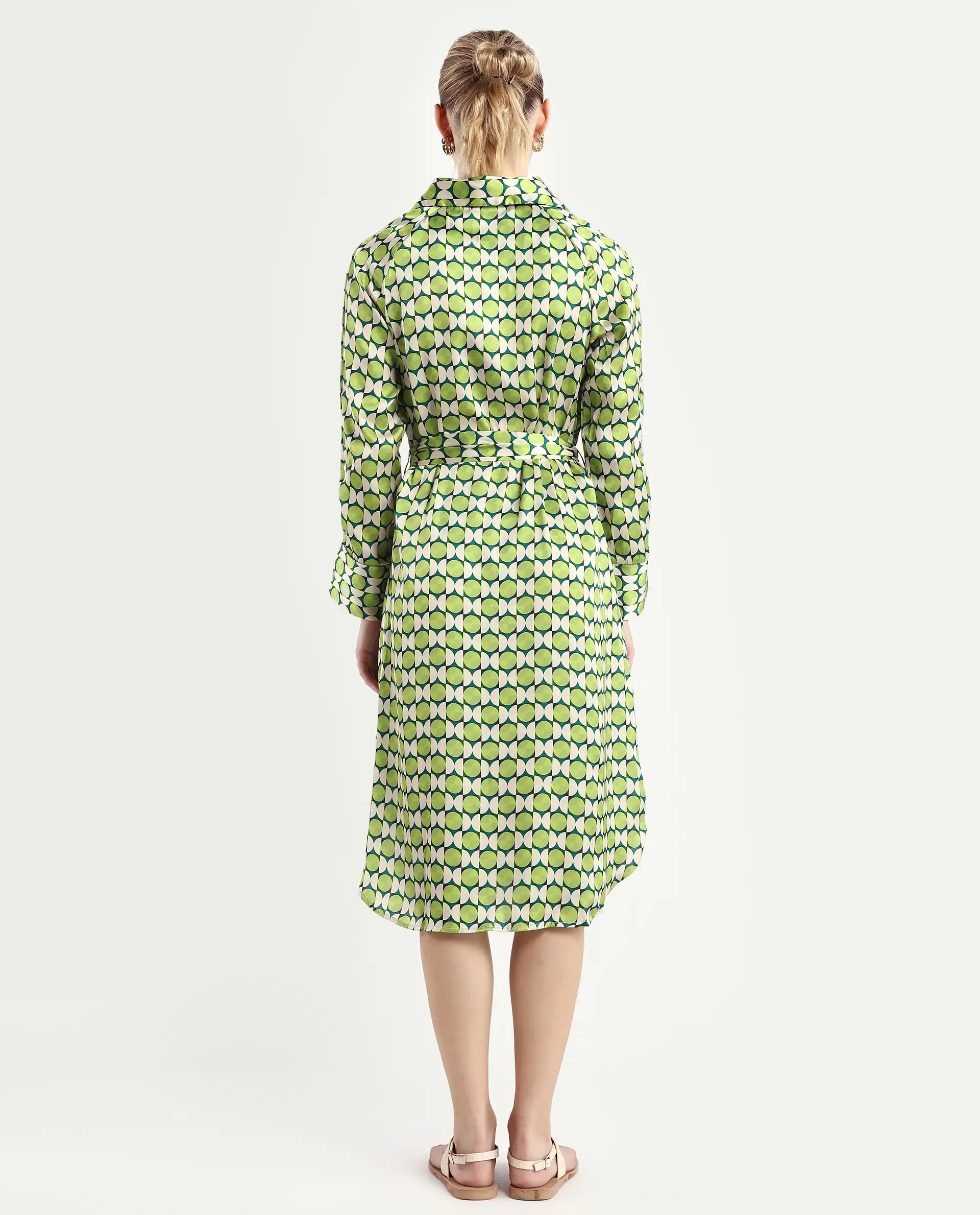 Rareism Women's Regis Green Cotton Blend Drop Collar Geometric Print Raglan Sleeve Midi A-Line Dress - Image 7