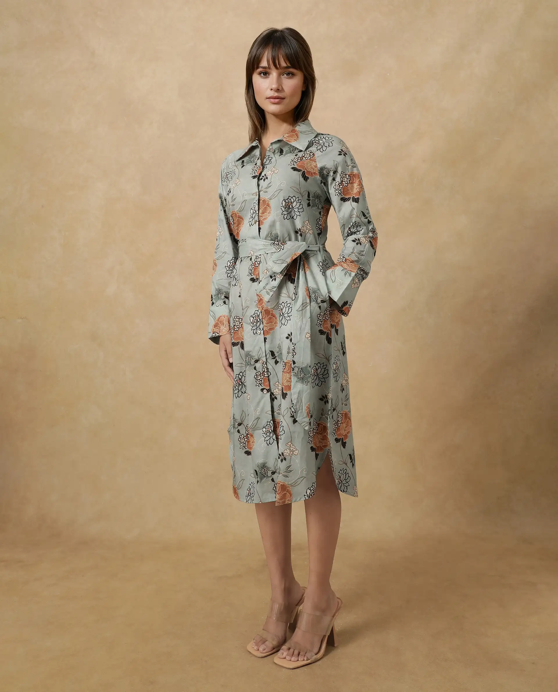 Rareism Women's Regnio Multi Cotton Drop Collar Floral Print Raglan Sleeve Midi A-Line Dress
