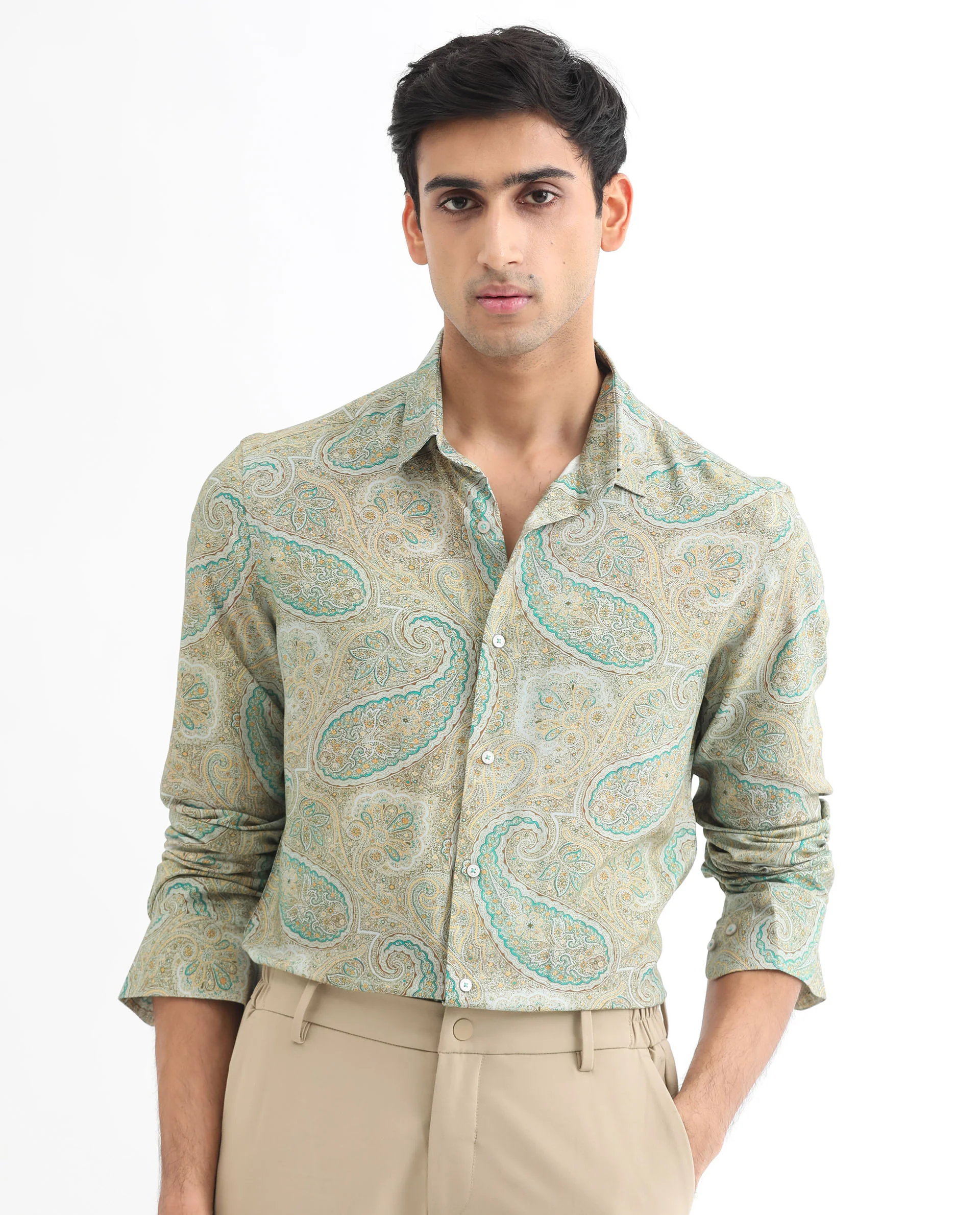 Rare Rabbit Men's Rego Pastel Green Cotton Paisley Print Regular Fit Full Sleeve Collared Shirt - Image 3