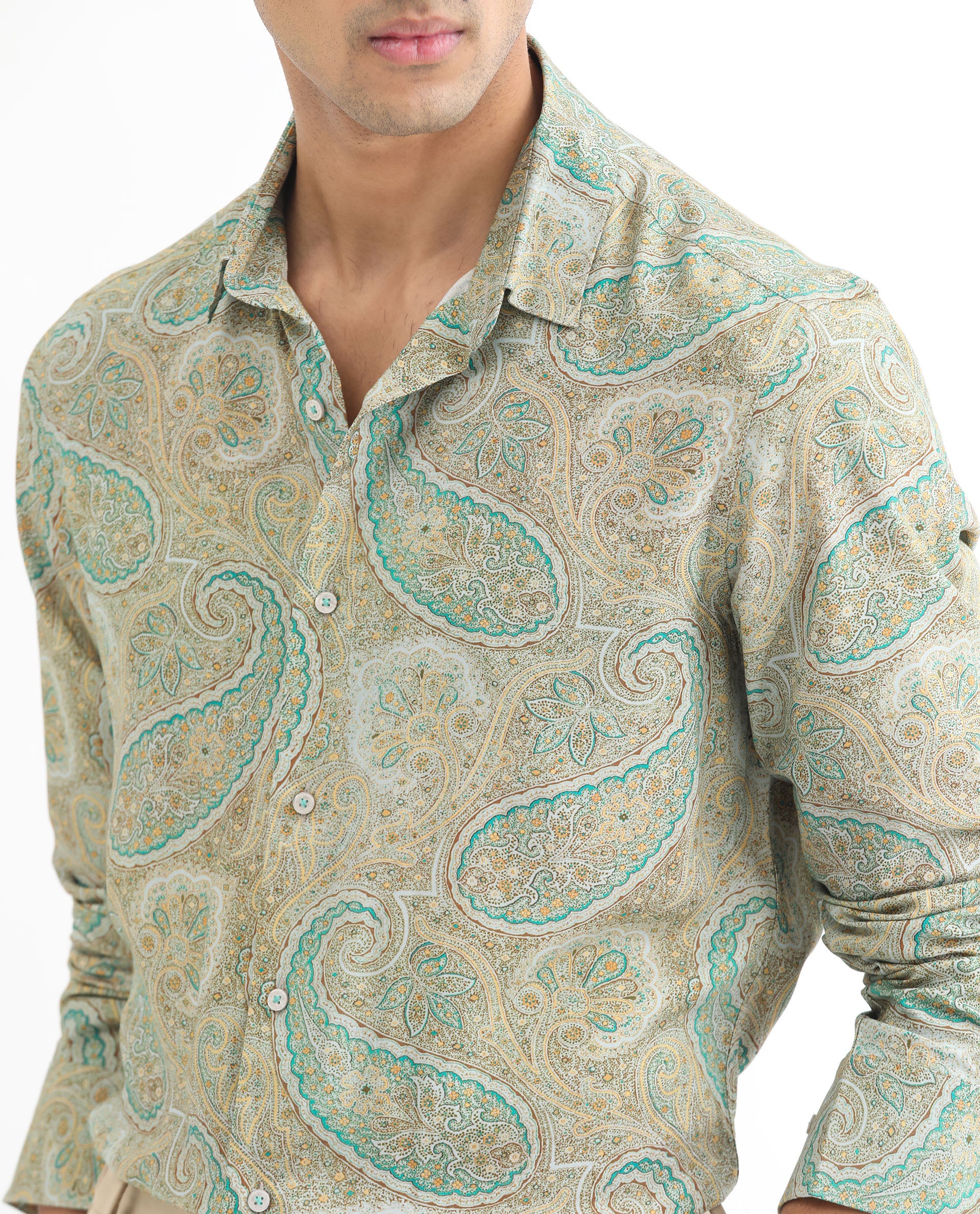 Rare Rabbit Men's Rego Pastel Green Cotton Paisley Print Regular Fit Full Sleeve Collared Shirt - Image 5