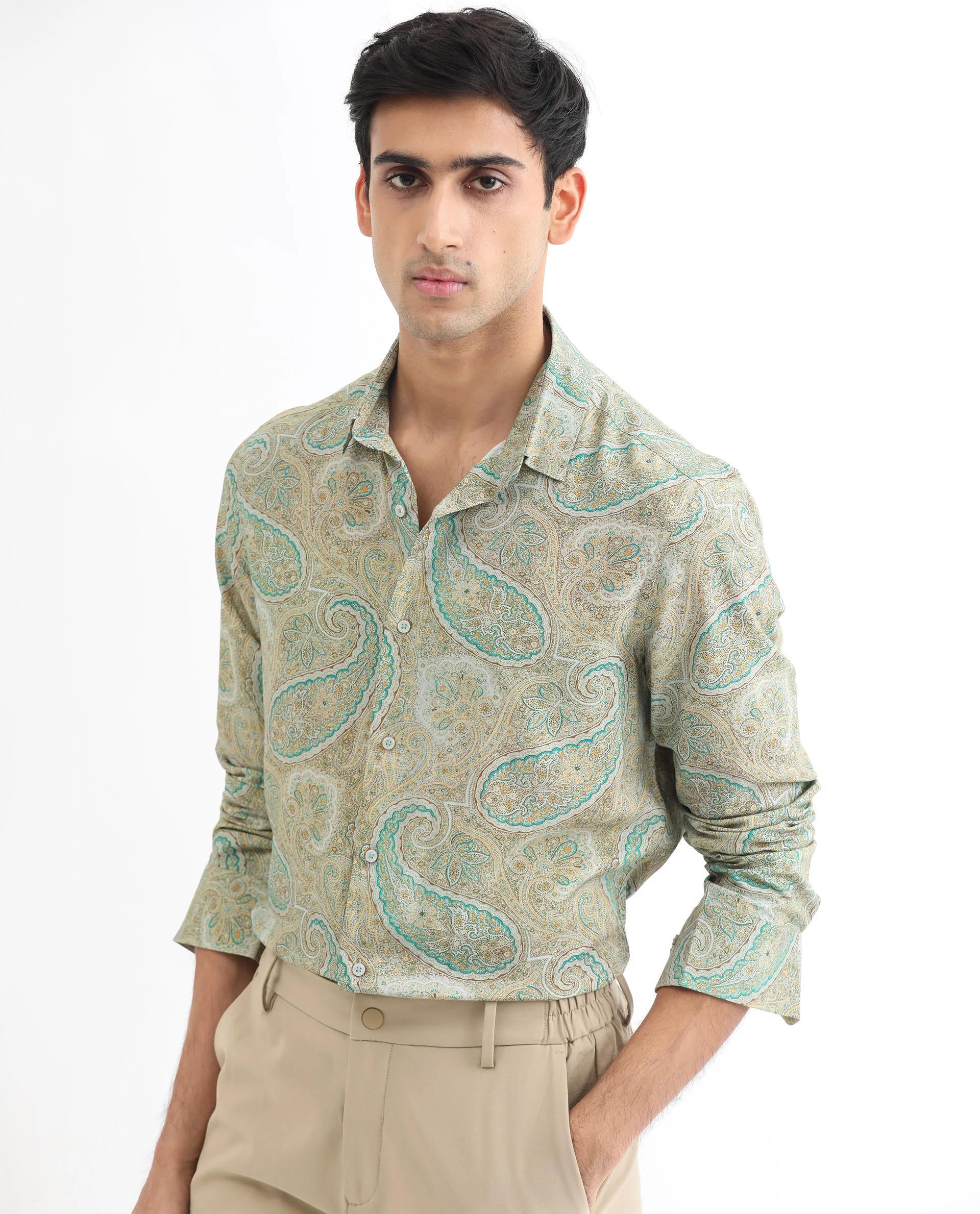 Rare Rabbit Men's Rego Pastel Green Cotton Paisley Print Regular Fit Full Sleeve Collared Shirt - Image 6