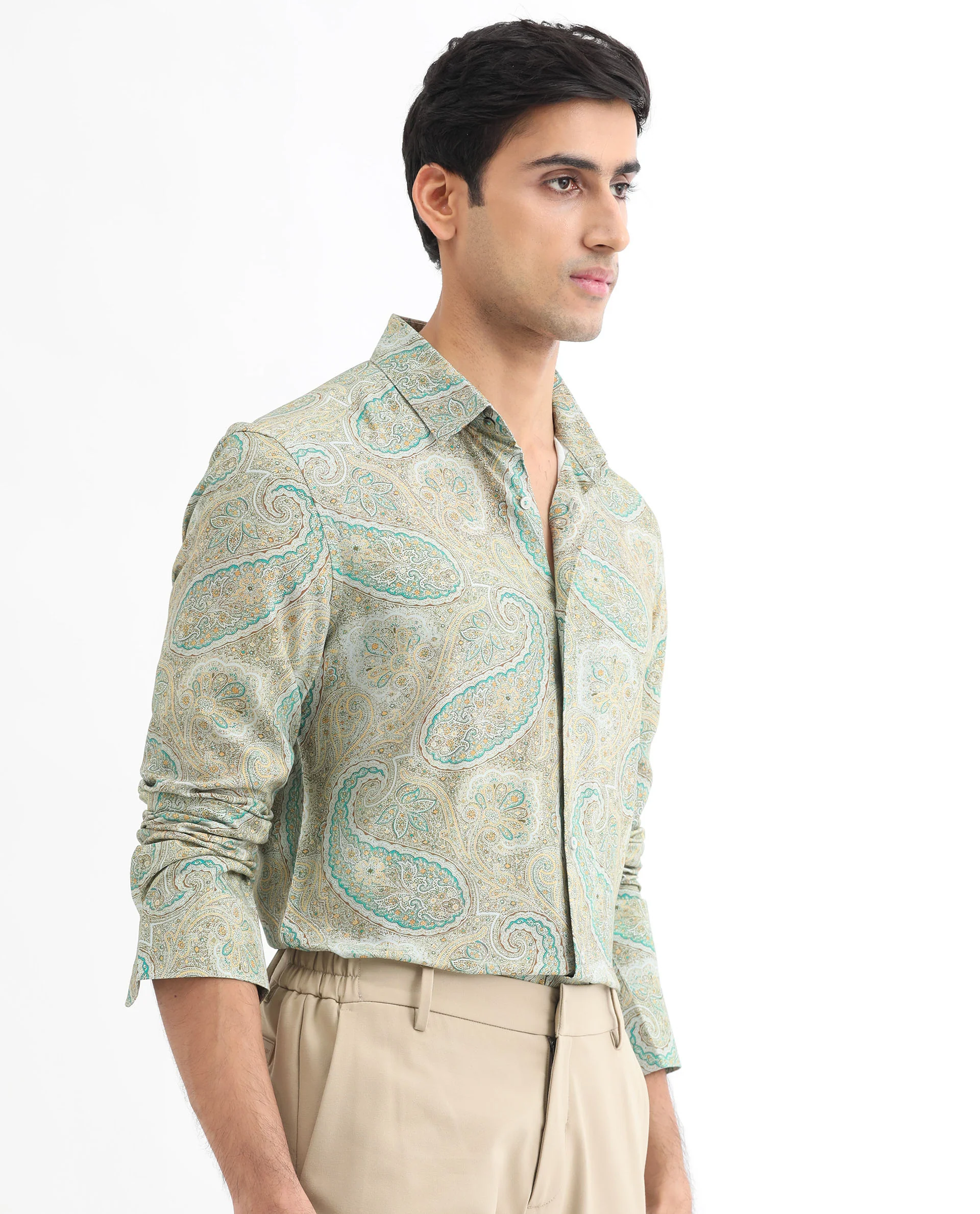 Rare Rabbit Men's Rego Pastel Green Cotton Paisley Print Regular Fit Full Sleeve Collared Shirt - Image 7