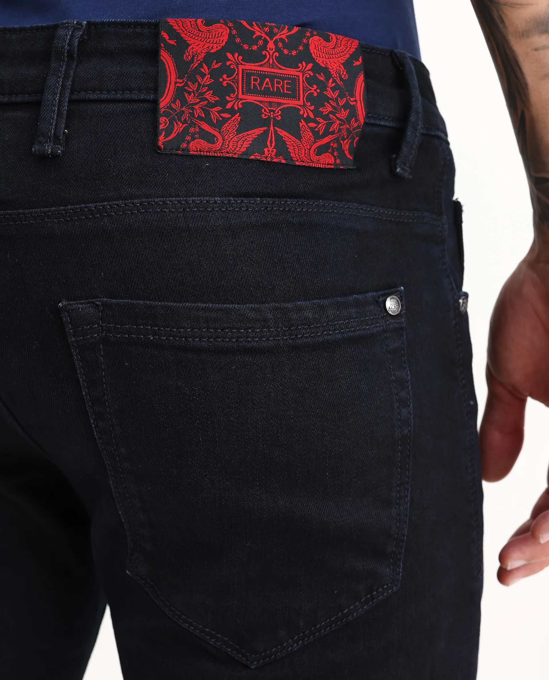 Rare Rabbit Men's Reid Dark Blue Cotton Blend Plain Hawk Slim Fit Jeans - Image 3