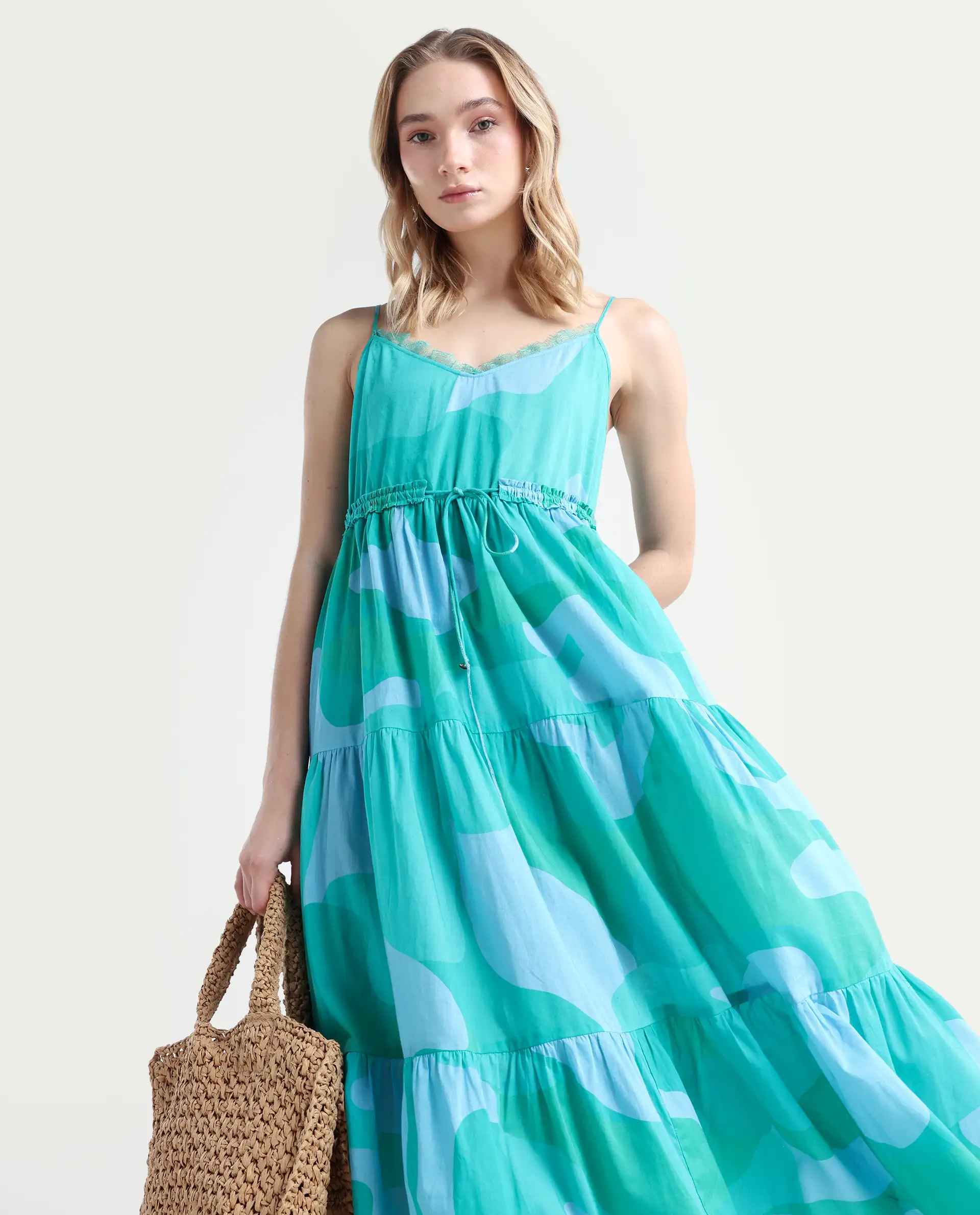 Rareism Women's Reid Green Cotton Shoulder Strap Abstract Print Shoulder Strap Midi Fit And Flare Dress - Image 2