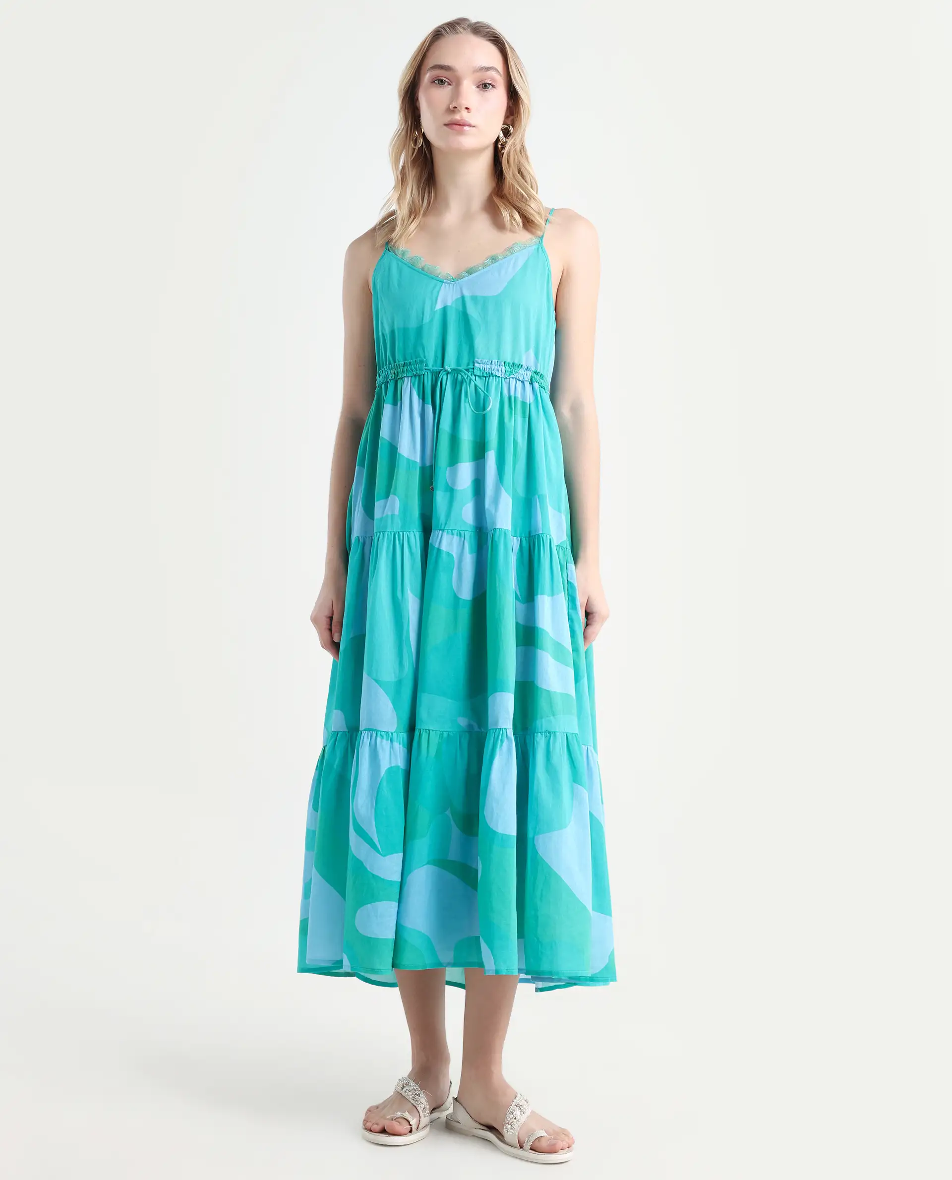 Rareism Women's Reid Green Cotton Shoulder Strap Abstract Print Shoulder Strap Midi Fit And Flare Dress - Image 3