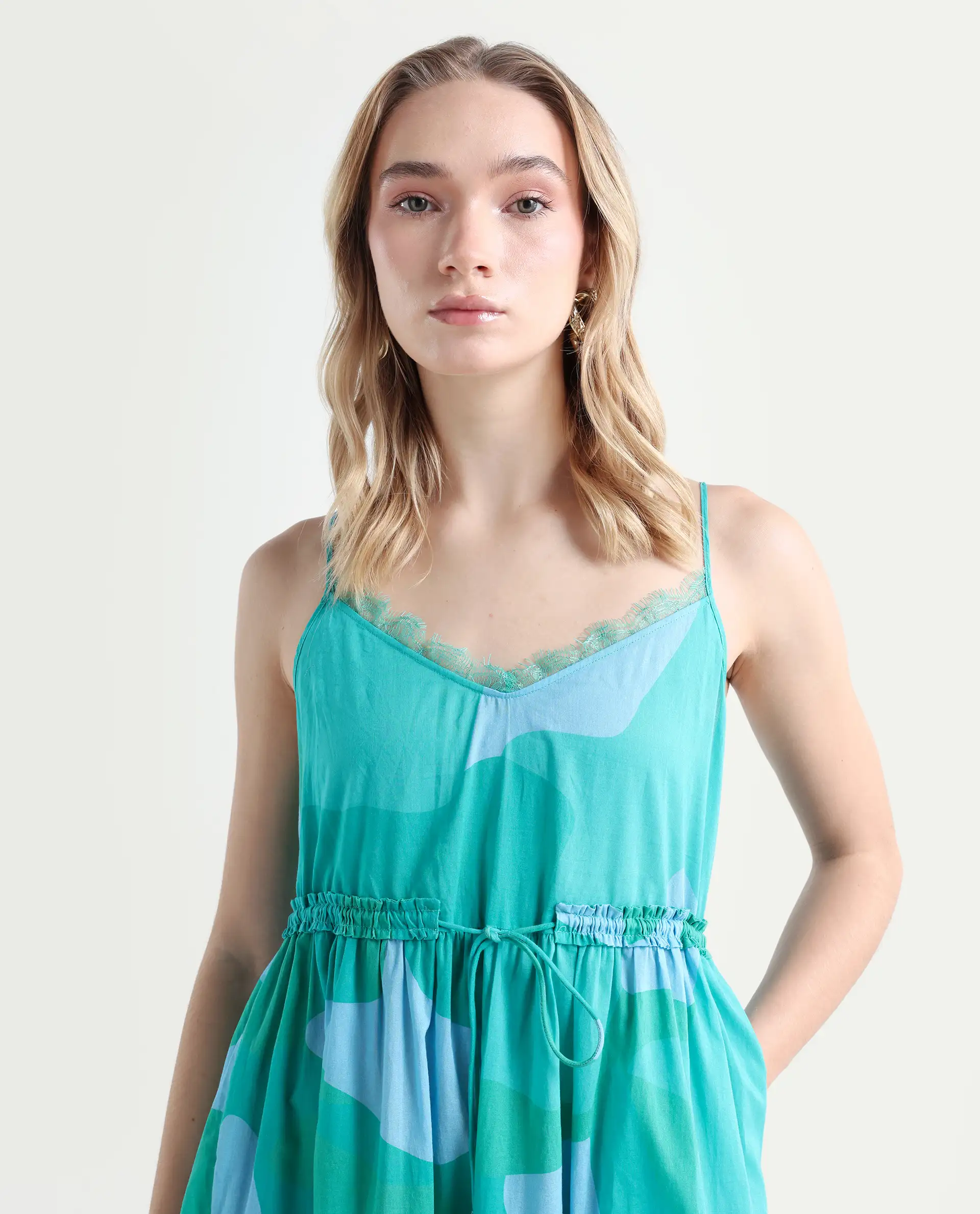 Rareism Women's Reid Green Cotton Shoulder Strap Abstract Print Shoulder Strap Midi Fit And Flare Dress - Image 4