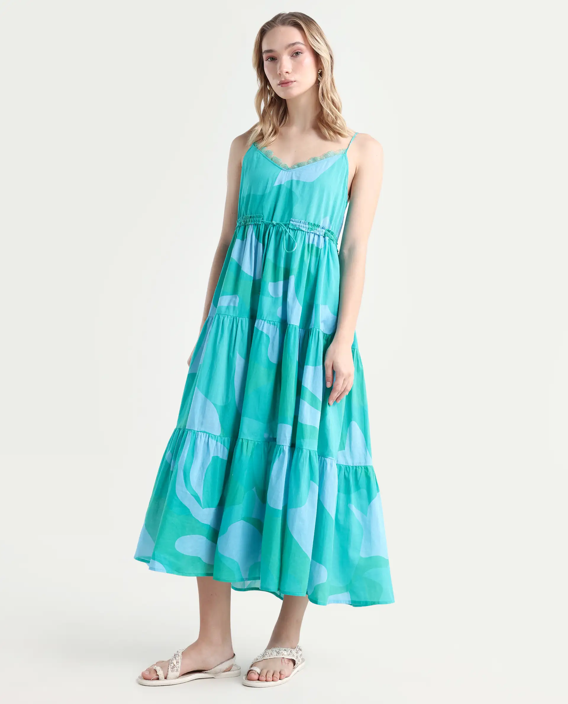 Rareism Women's Reid Green Cotton Shoulder Strap Abstract Print Shoulder Strap Midi Fit And Flare Dress - Image 5