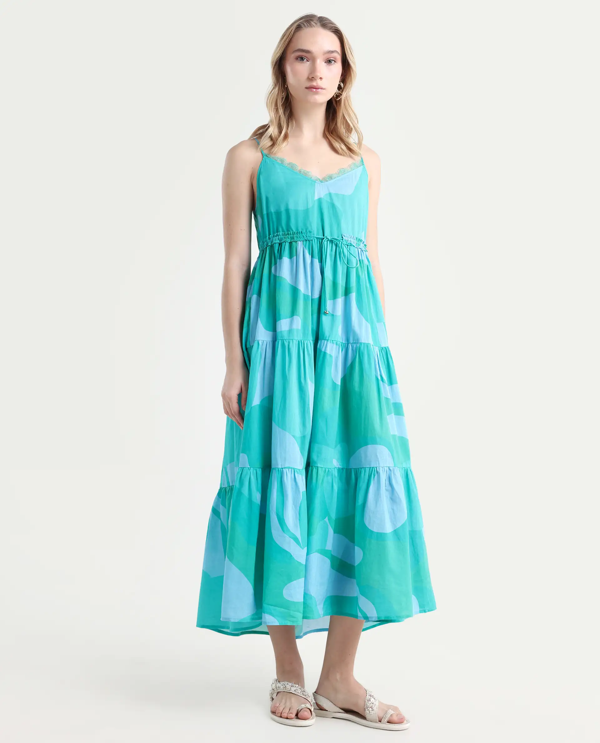 Rareism Women's Reid Green Cotton Shoulder Strap Abstract Print Shoulder Strap Midi Fit And Flare Dress - Image 6
