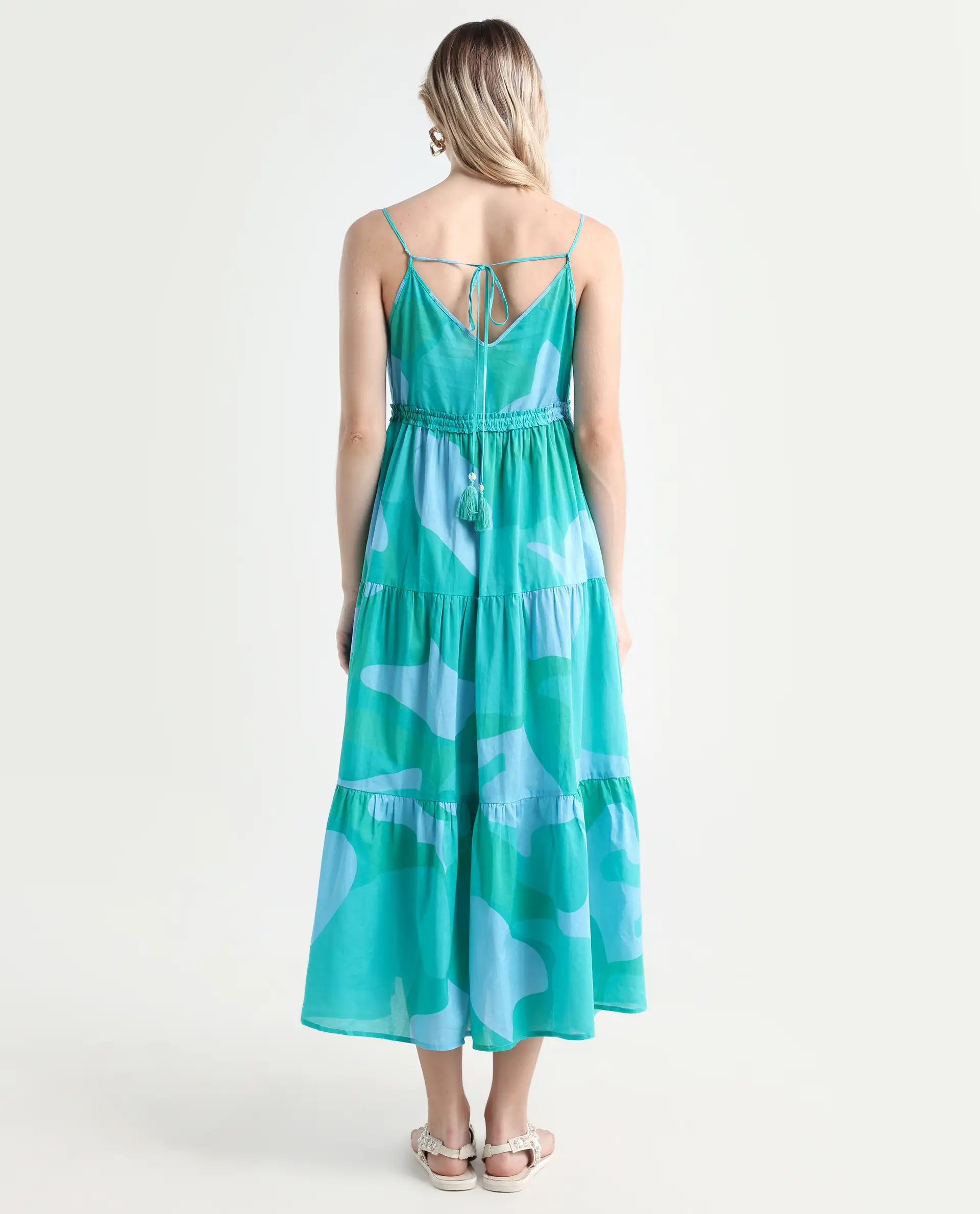 Rareism Women's Reid Green Cotton Shoulder Strap Abstract Print Shoulder Strap Midi Fit And Flare Dress - Image 7