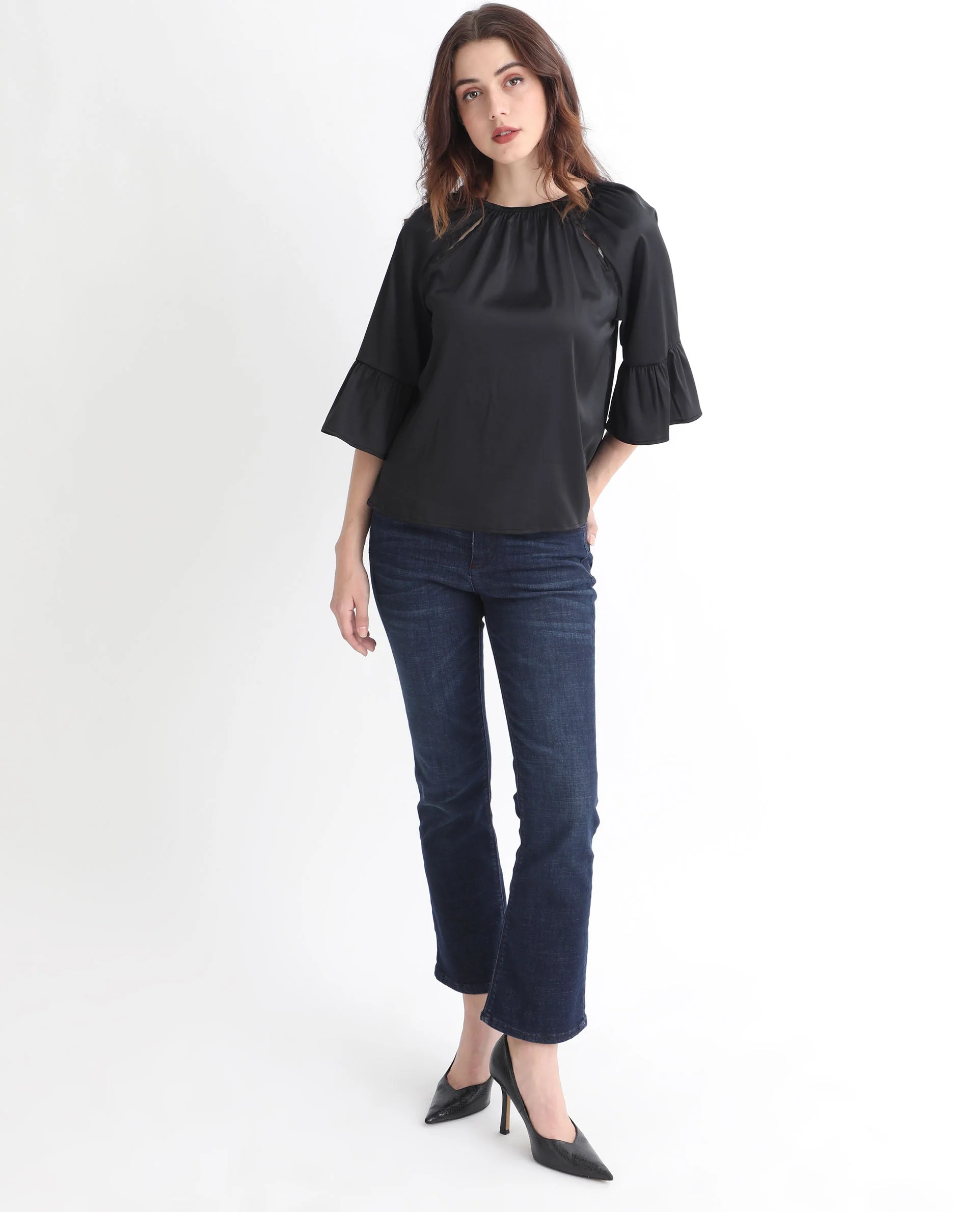 Rareism Women's Reila Black Polyester Boat Neck Plain Relaxed Fit Top - Image 2