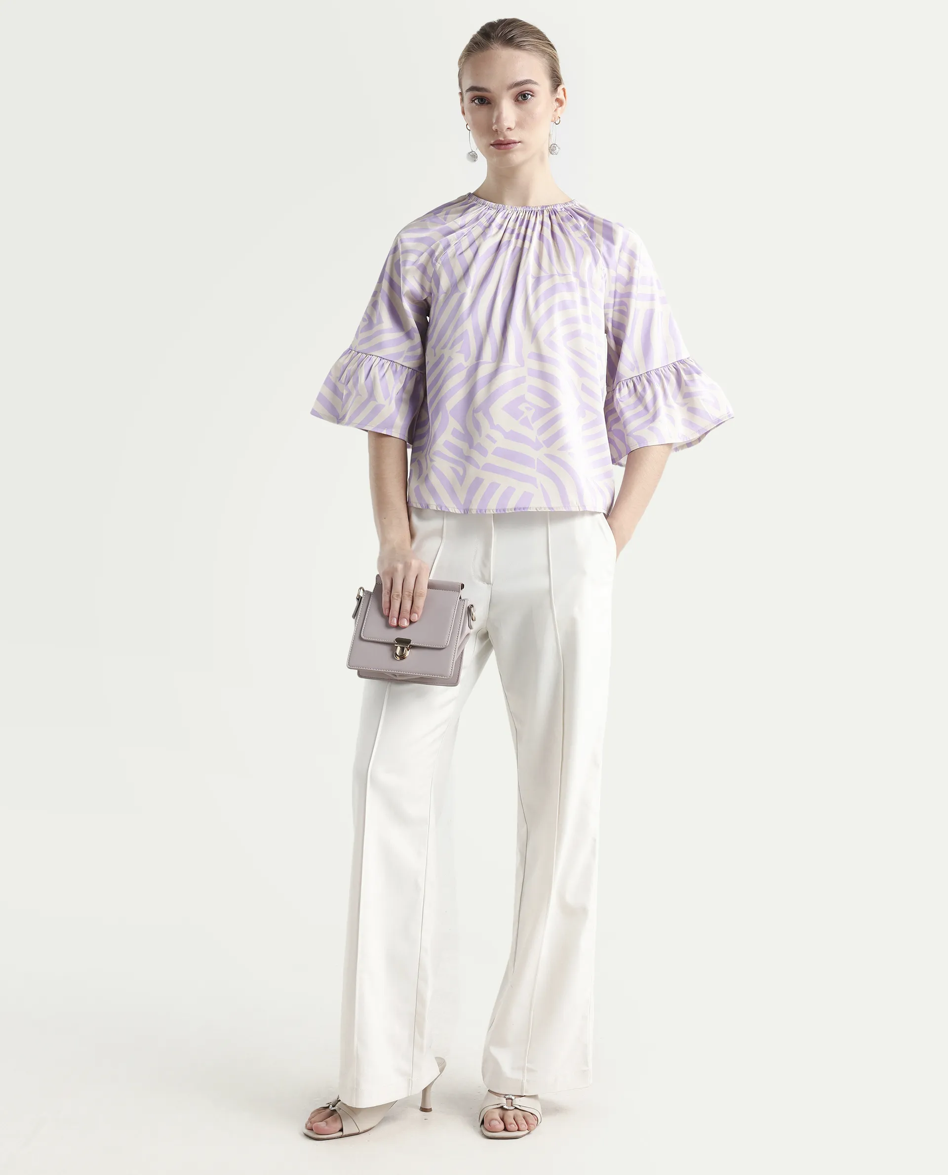 Rareism Women's Reila Pastel Purple Polyester Boat Neck Geometric Print Raglan Sleeve Relaxed Fit Top - Image 2
