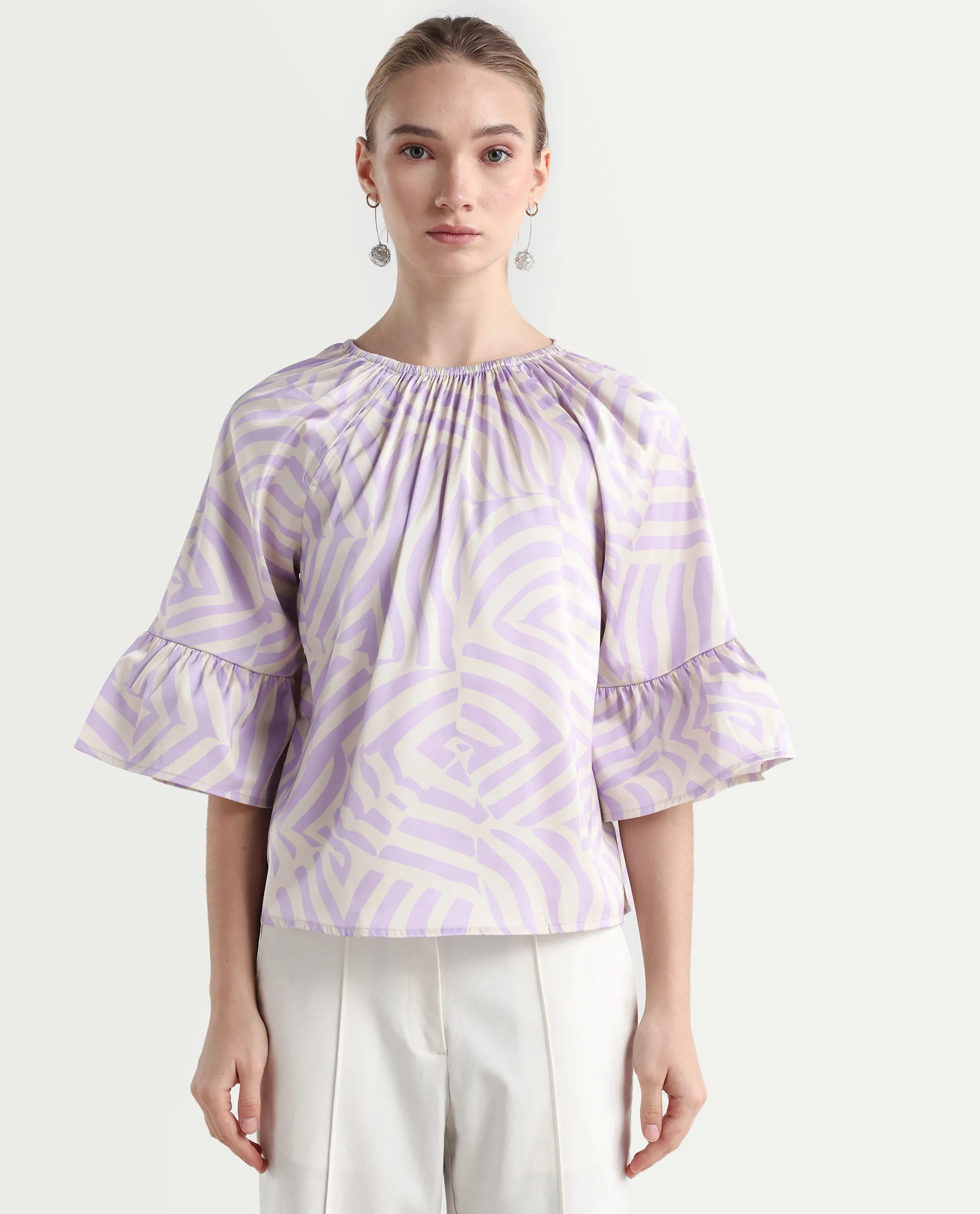 Rareism Women's Reila Pastel Purple Polyester Boat Neck Geometric Print Raglan Sleeve Relaxed Fit Top - Image 3