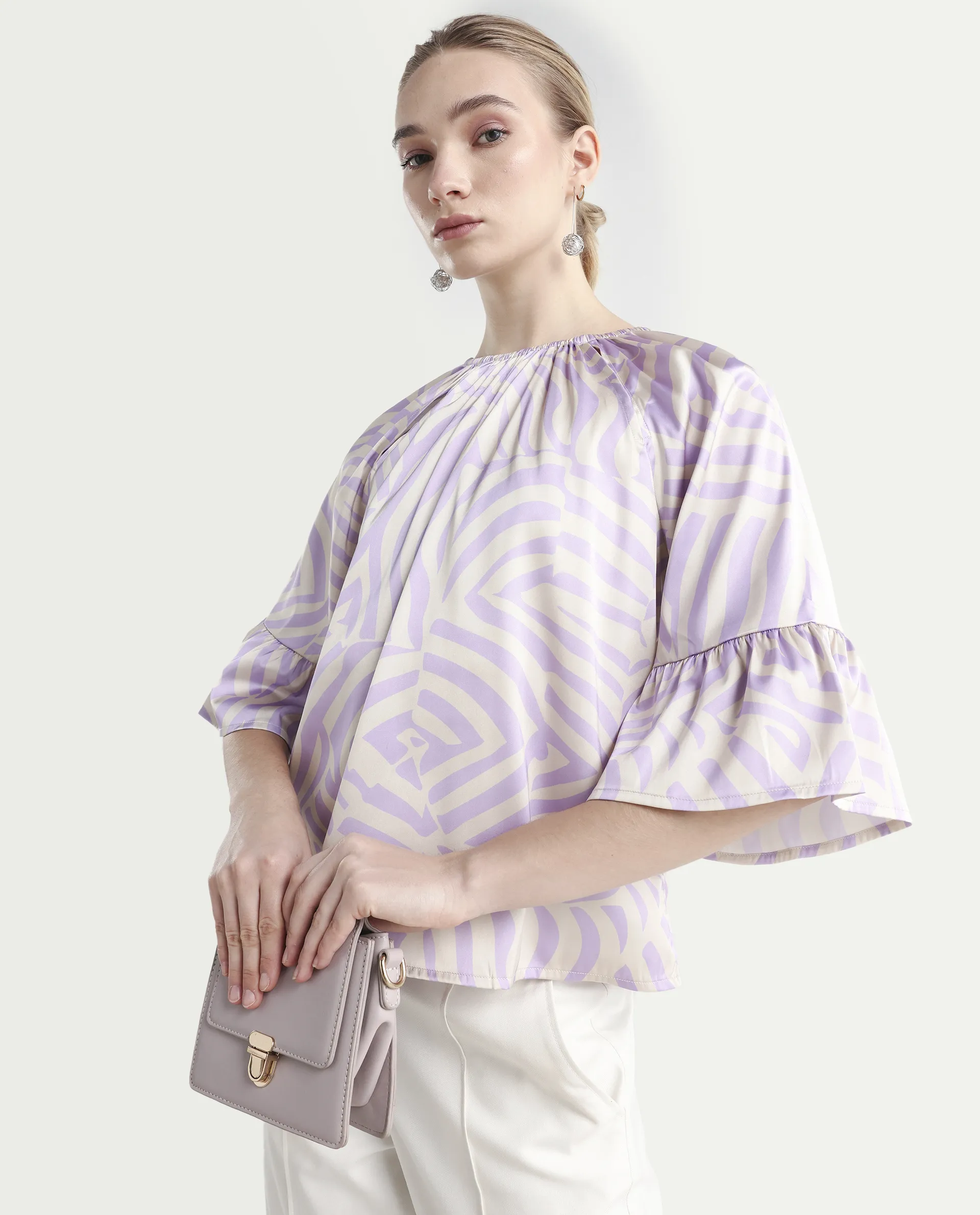 Rareism Women's Reila Pastel Purple Polyester Boat Neck Geometric Print Raglan Sleeve Relaxed Fit Top - Image 4