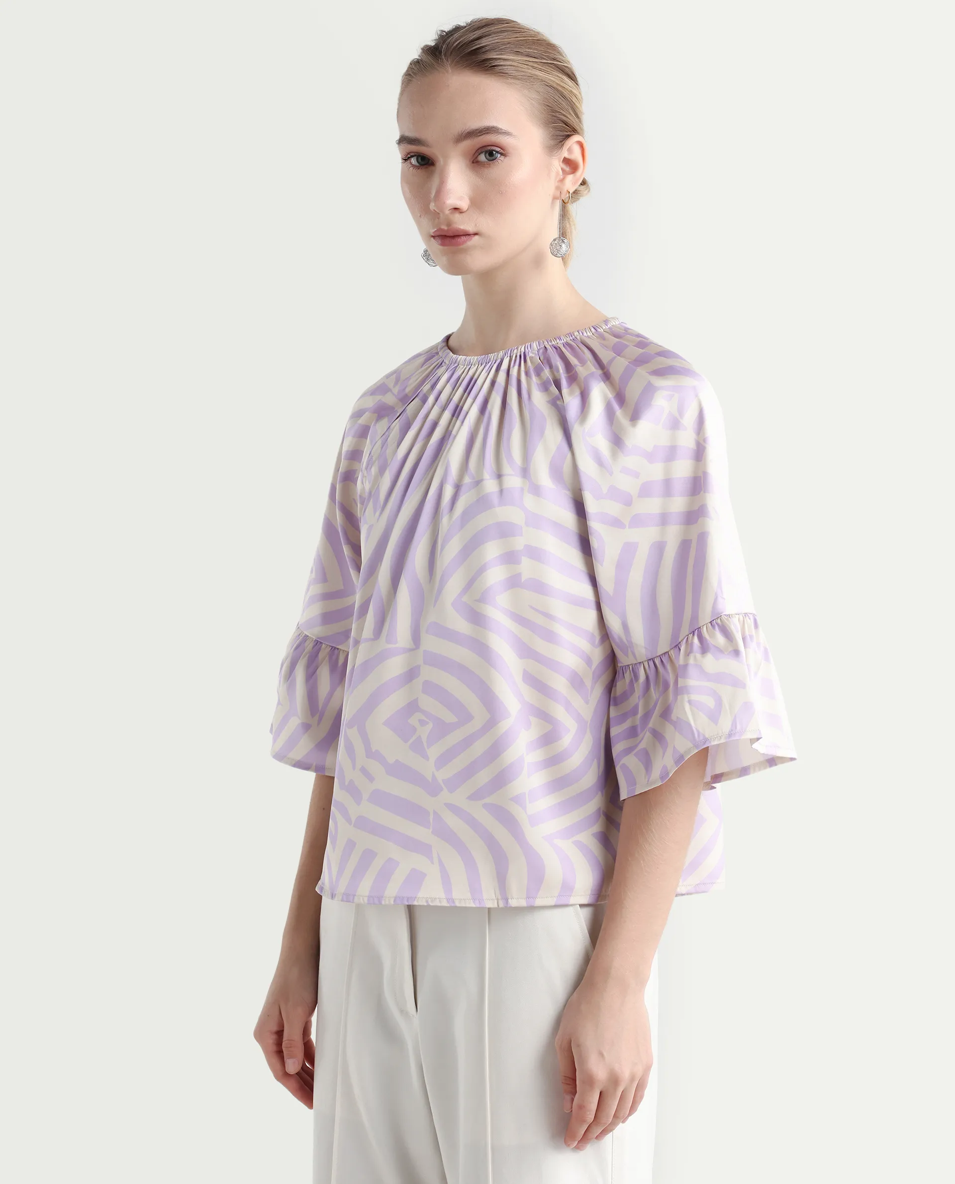 Rareism Women's Reila Pastel Purple Polyester Boat Neck Geometric Print Raglan Sleeve Relaxed Fit Top - Image 5