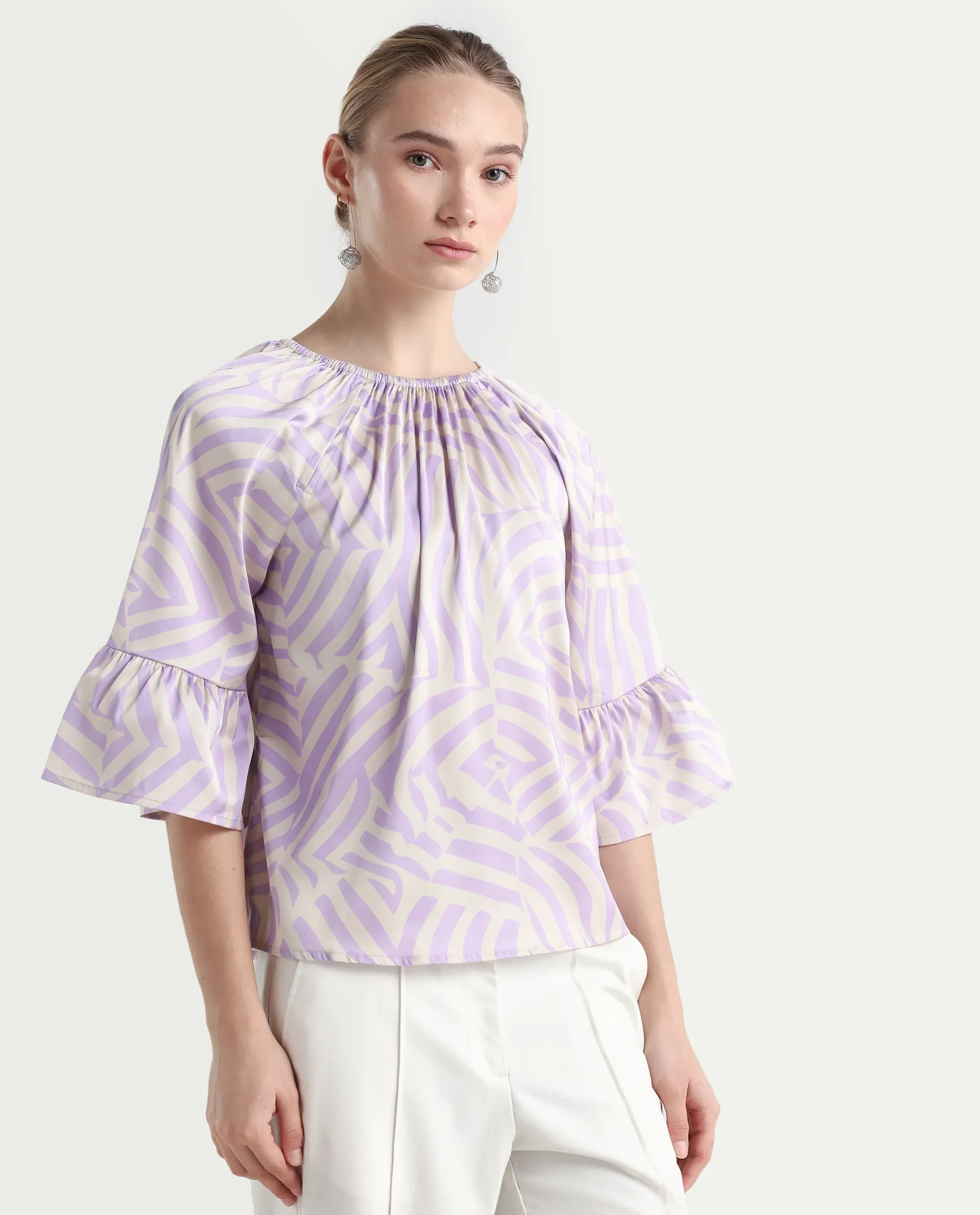 Rareism Women's Reila Pastel Purple Polyester Boat Neck Geometric Print Raglan Sleeve Relaxed Fit Top - Image 6