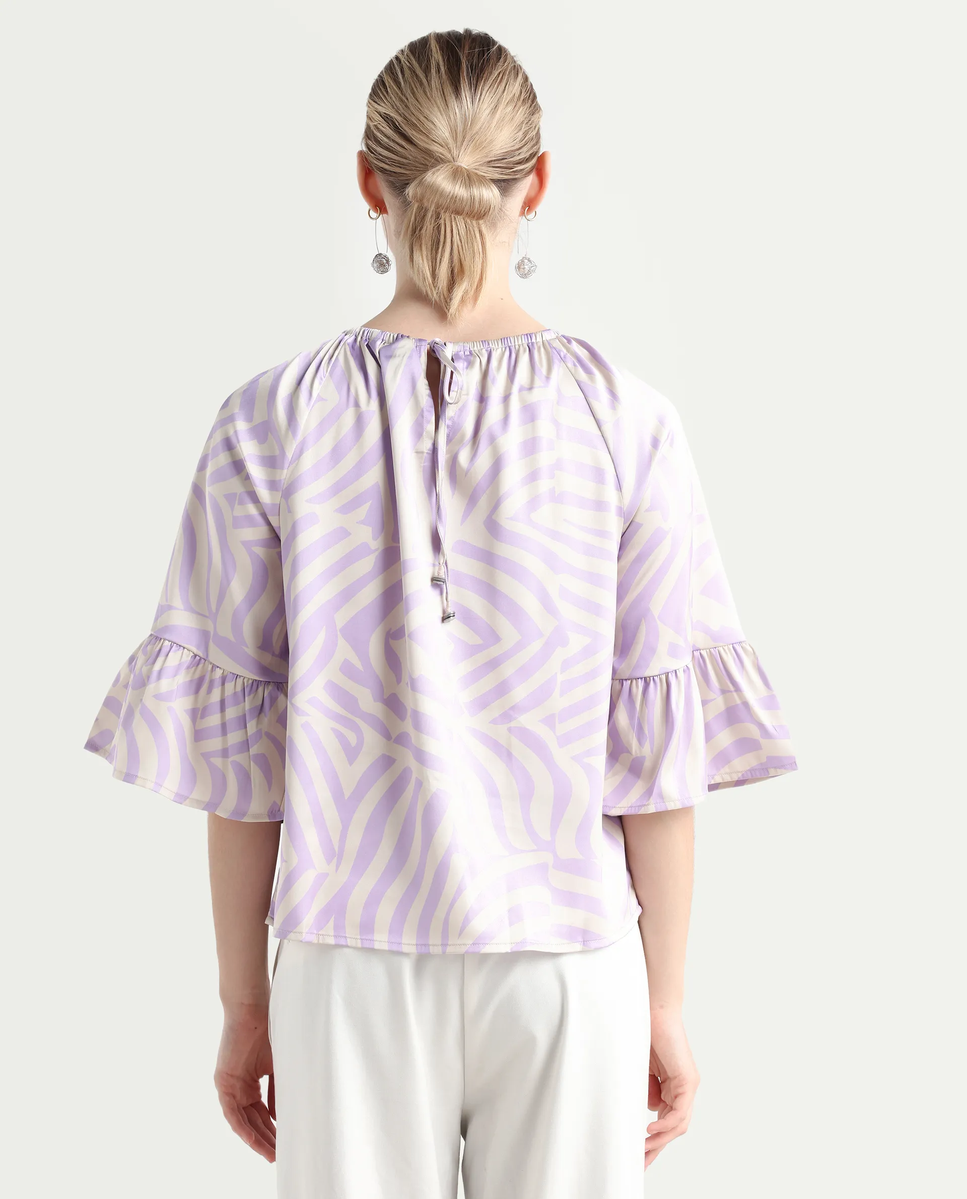 Rareism Women's Reila Pastel Purple Polyester Boat Neck Geometric Print Raglan Sleeve Relaxed Fit Top - Image 7