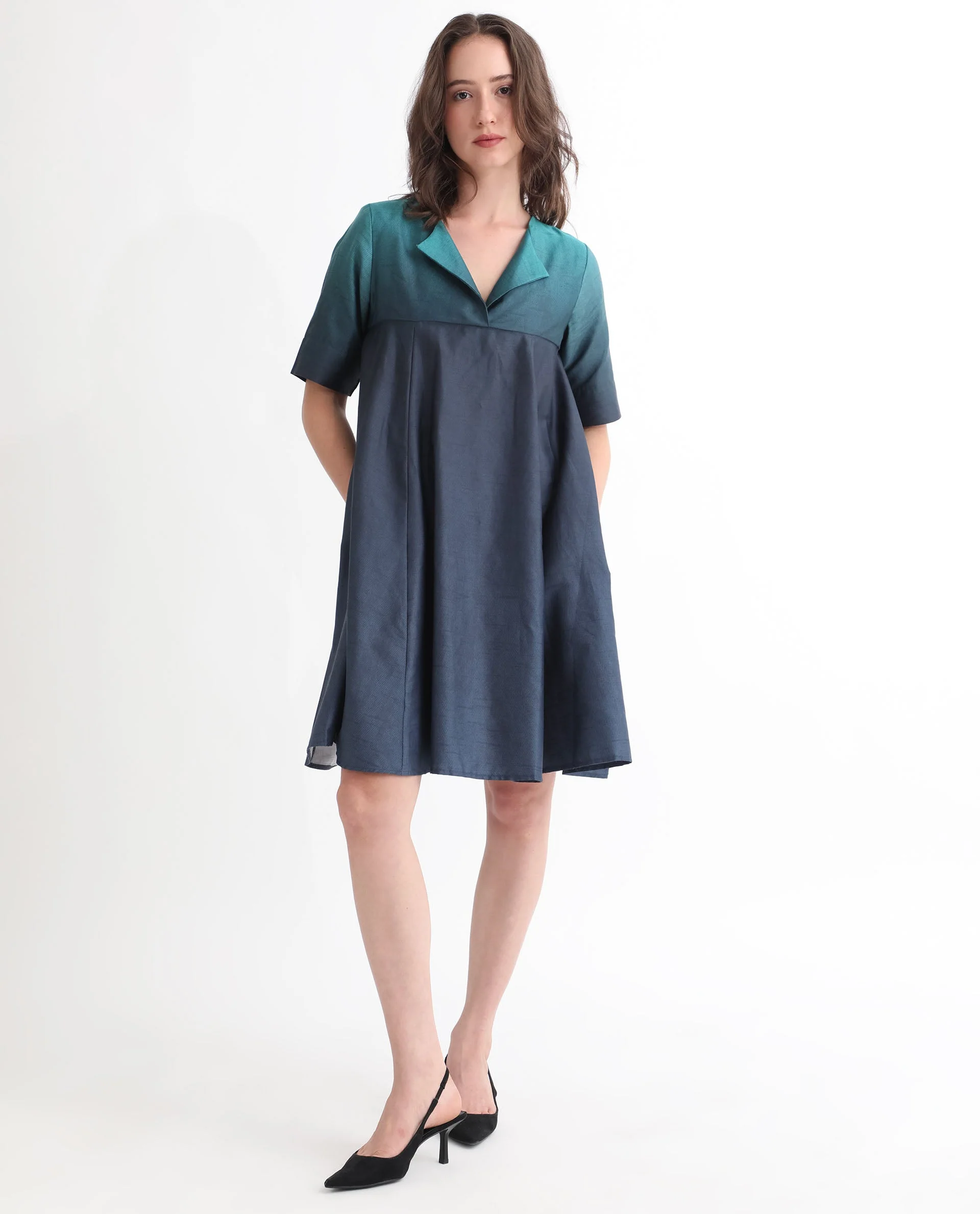 Rareism Women's Reilly Green Cotton Overlap Neck Ombre Mini Fit And Flare Dress