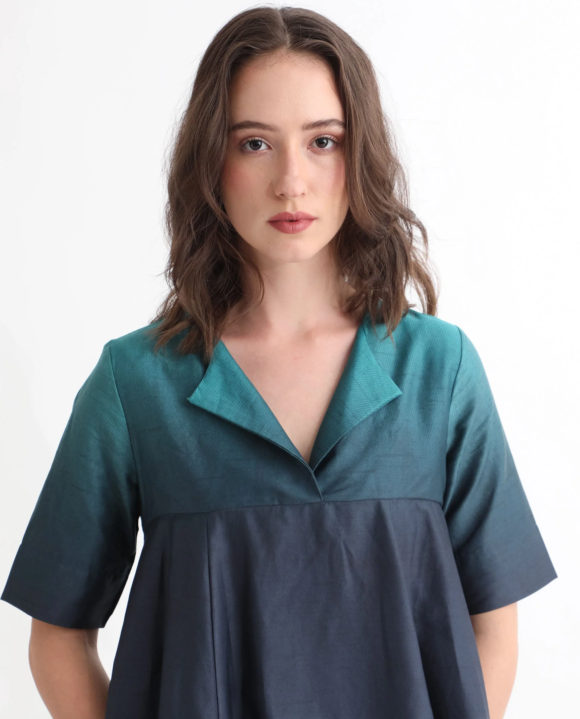 Rareism Women's Reilly Green Cotton Overlap Neck Ombre Mini Fit And Flare Dress - Image 2