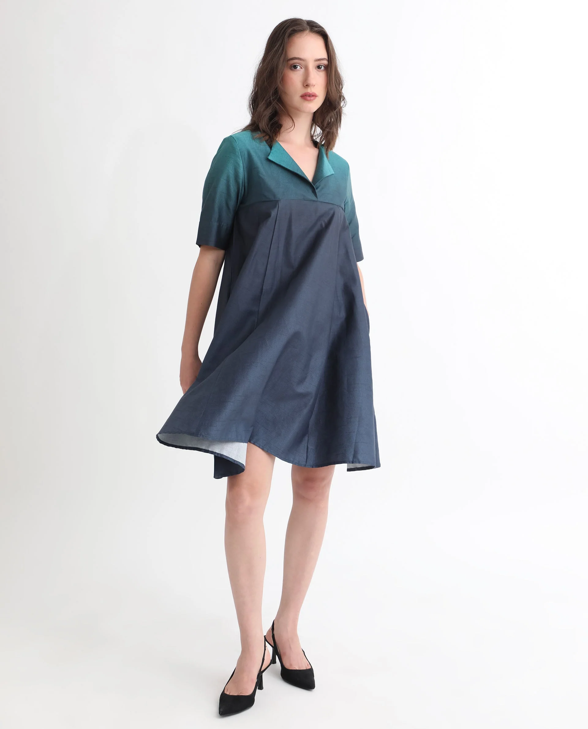 Rareism Women's Reilly Green Cotton Overlap Neck Ombre Mini Fit And Flare Dress - Image 3
