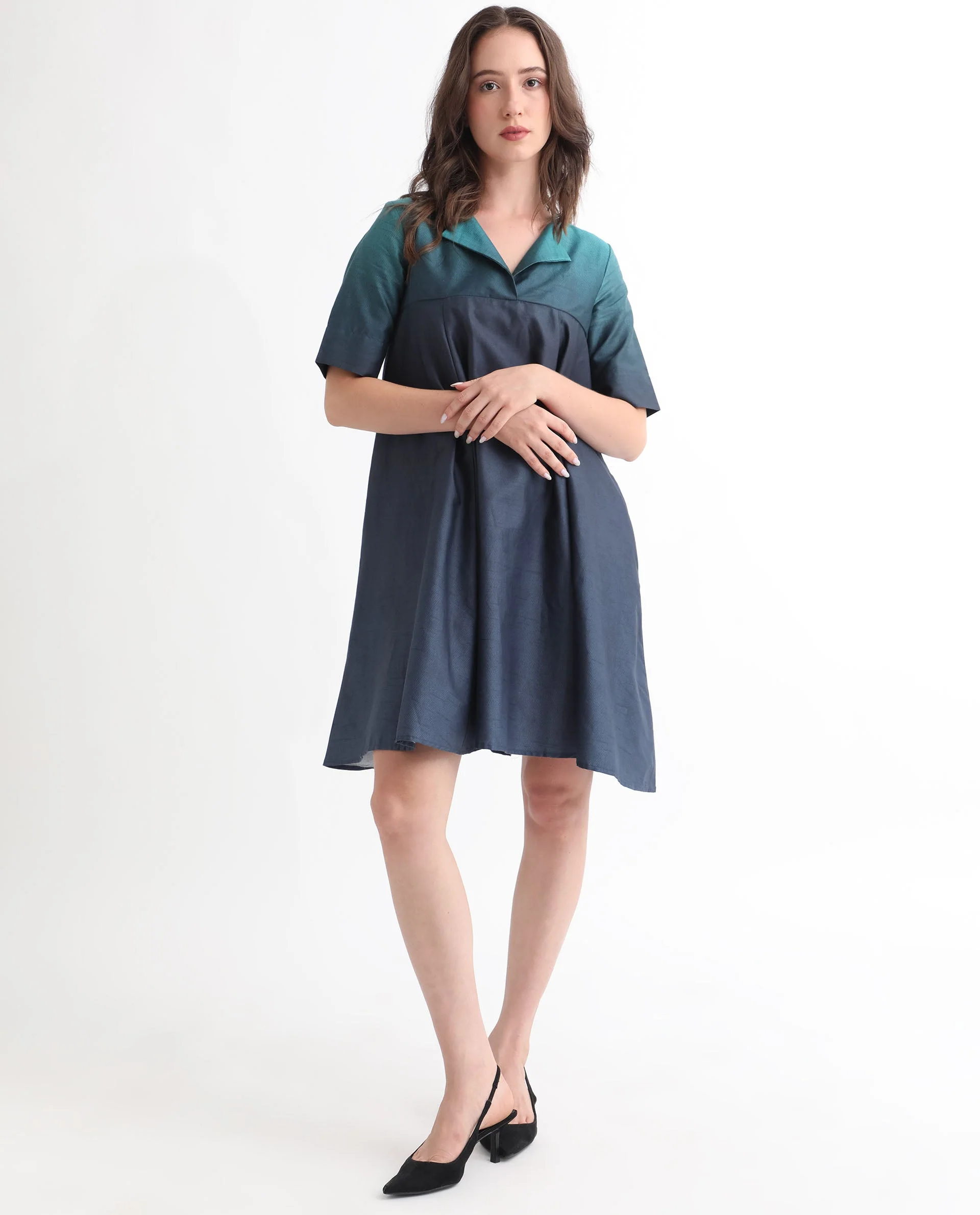 Rareism Women's Reilly Green Cotton Overlap Neck Ombre Mini Fit And Flare Dress - Image 4