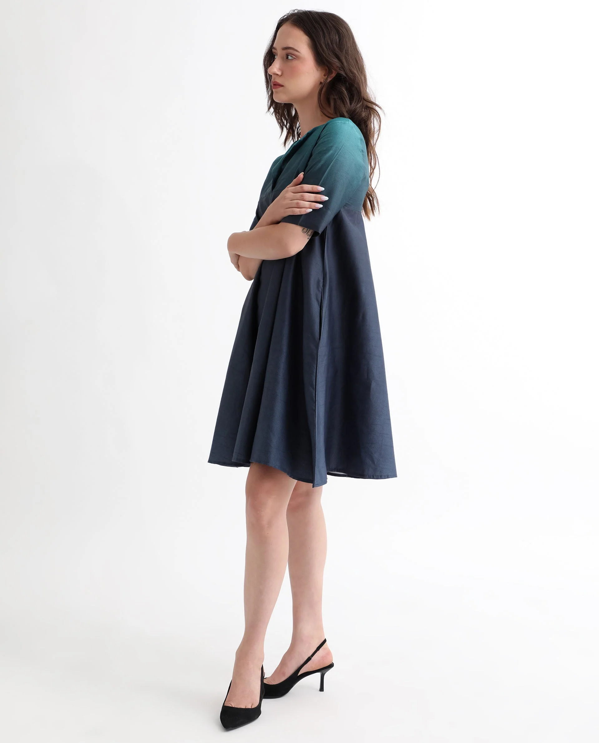 Rareism Women's Reilly Green Cotton Overlap Neck Ombre Mini Fit And Flare Dress - Image 5