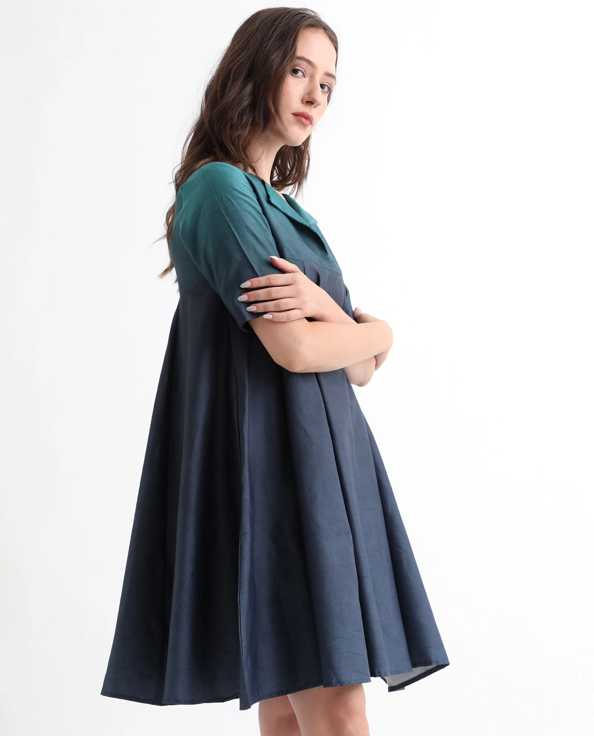 Rareism Women's Reilly Green Cotton Overlap Neck Ombre Mini Fit And Flare Dress - Image 6