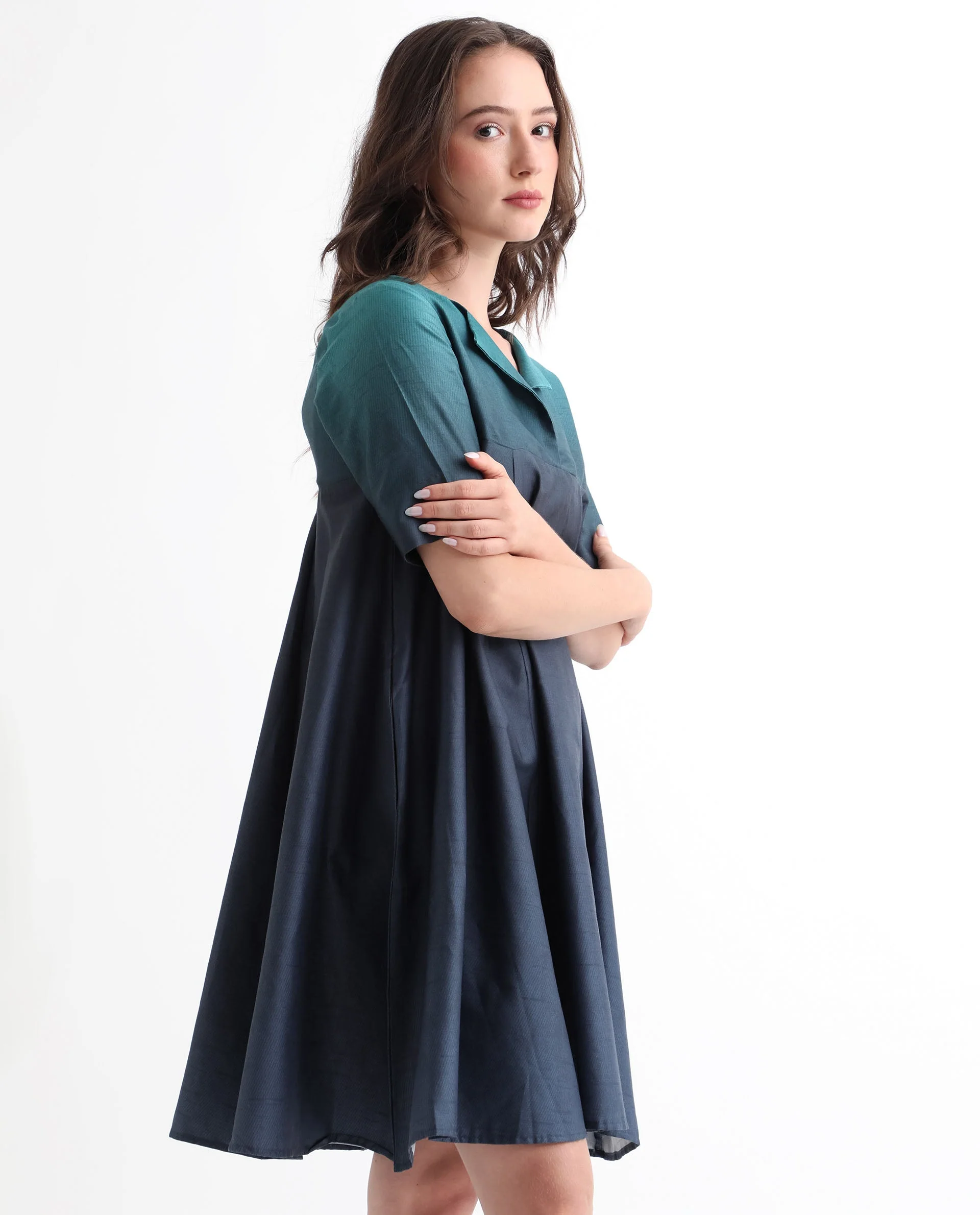 Rareism Women's Reilly Green Cotton Overlap Neck Ombre Mini Fit And Flare Dress - Image 7