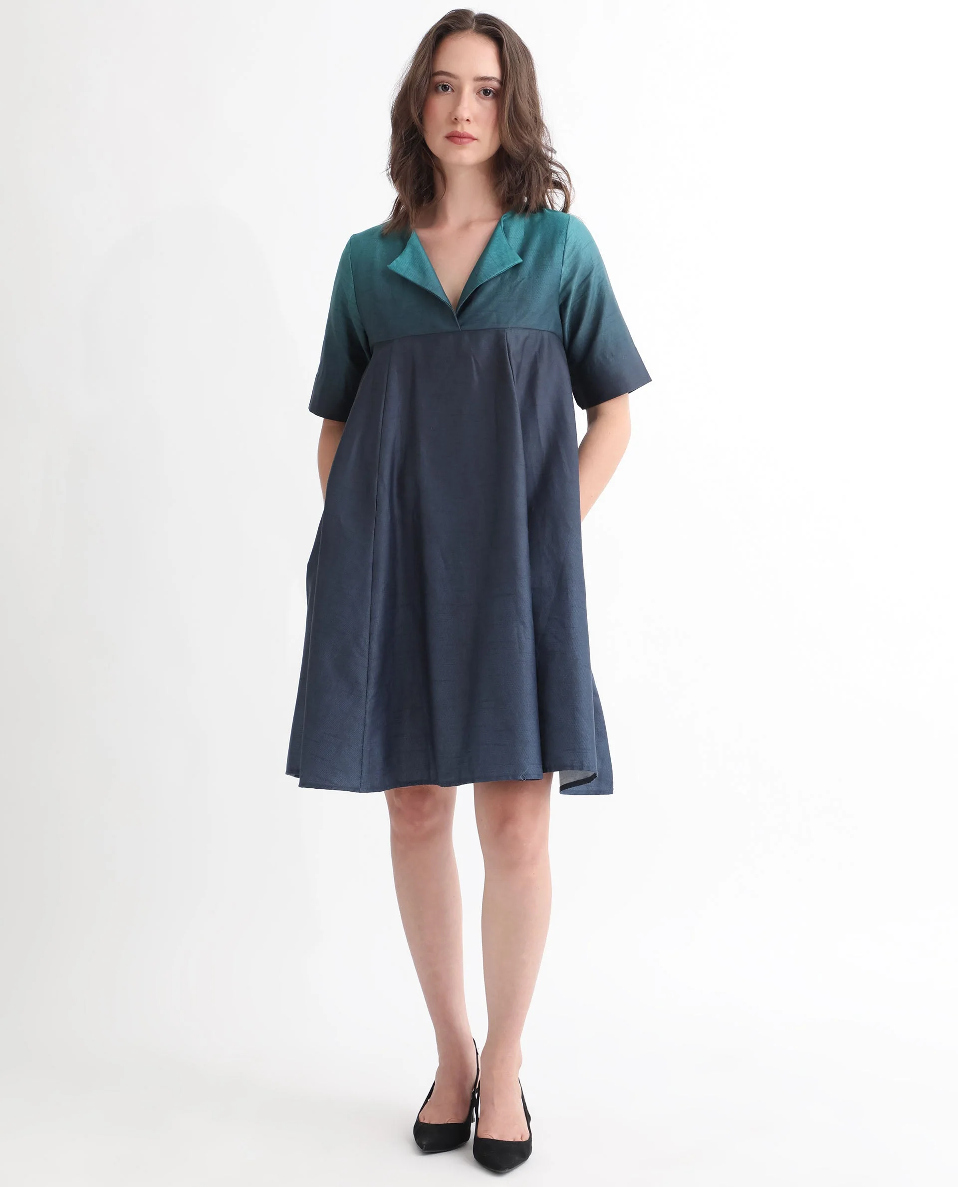 Rareism Women's Reilly Green Cotton Overlap Neck Ombre Mini Fit And Flare Dress - Image 8