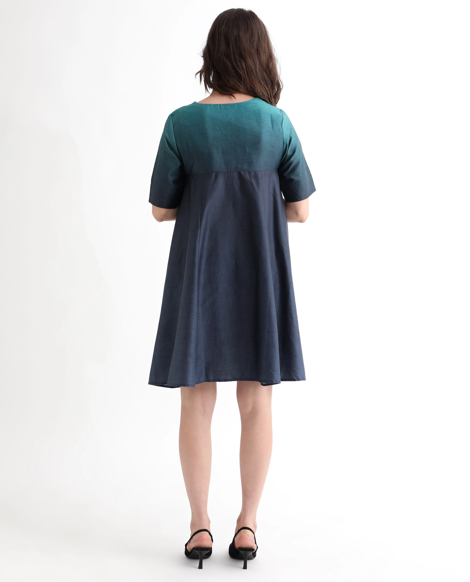 Rareism Women's Reilly Green Cotton Overlap Neck Ombre Mini Fit And Flare Dress - Image 9