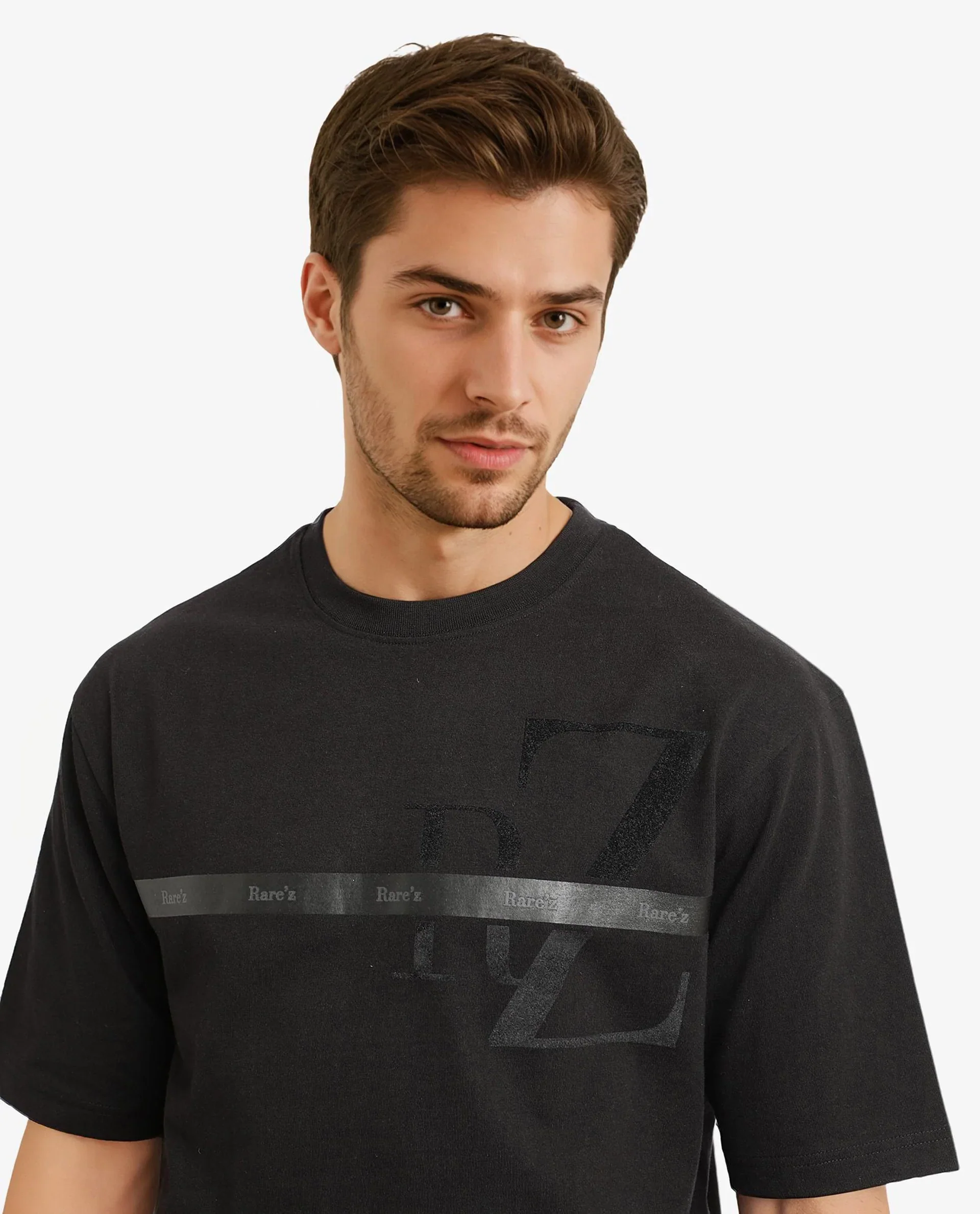 Rare Rabbit Men's Reis Black Cotton Graphic Print Oversized Fit Half Sleeve Crew Neck T-Shirt - Image 2
