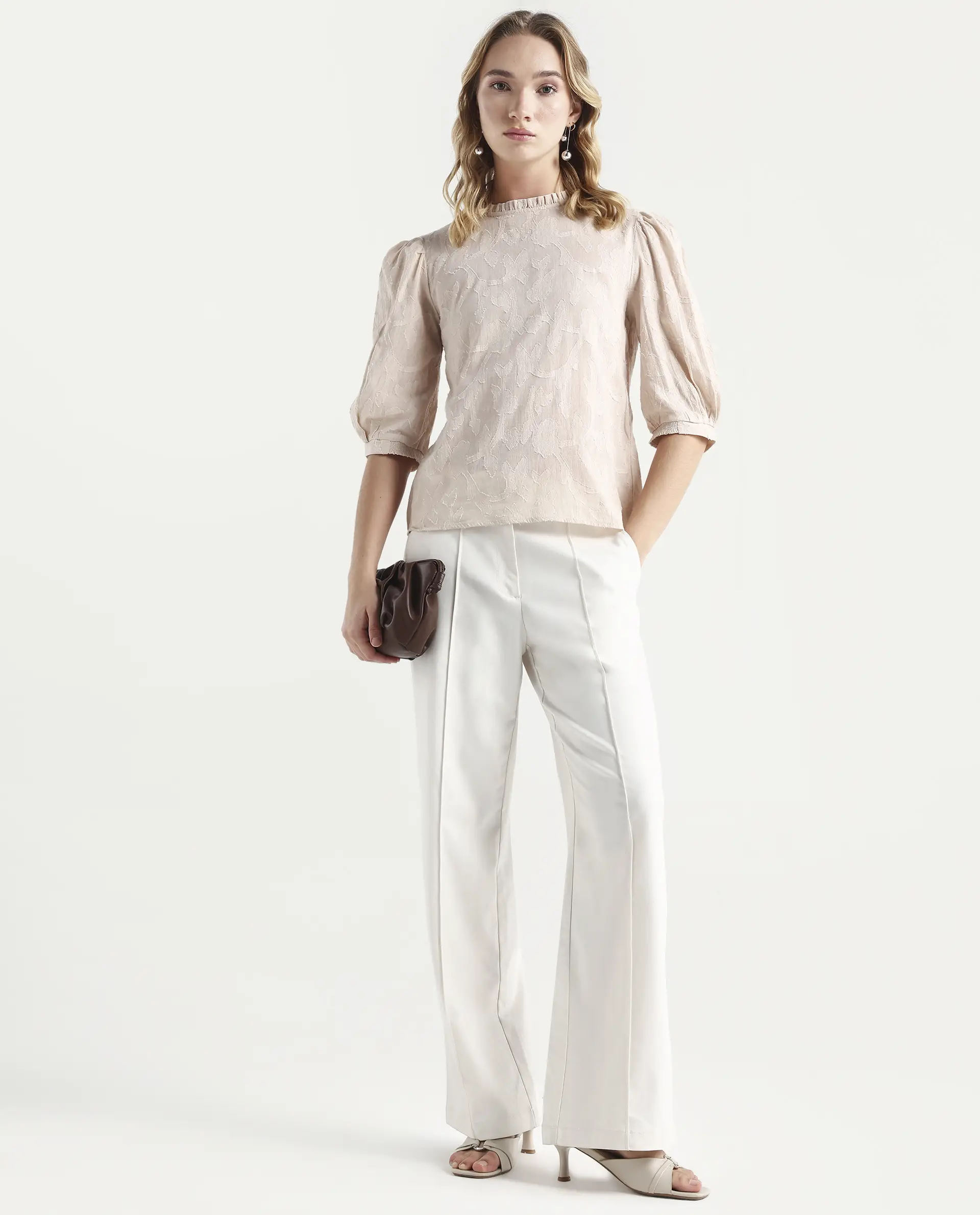 Rareism Women's Reis Beige Cotton Blend Crew Neck Plain Puff Sleeves Regular Fit Top - Image 2