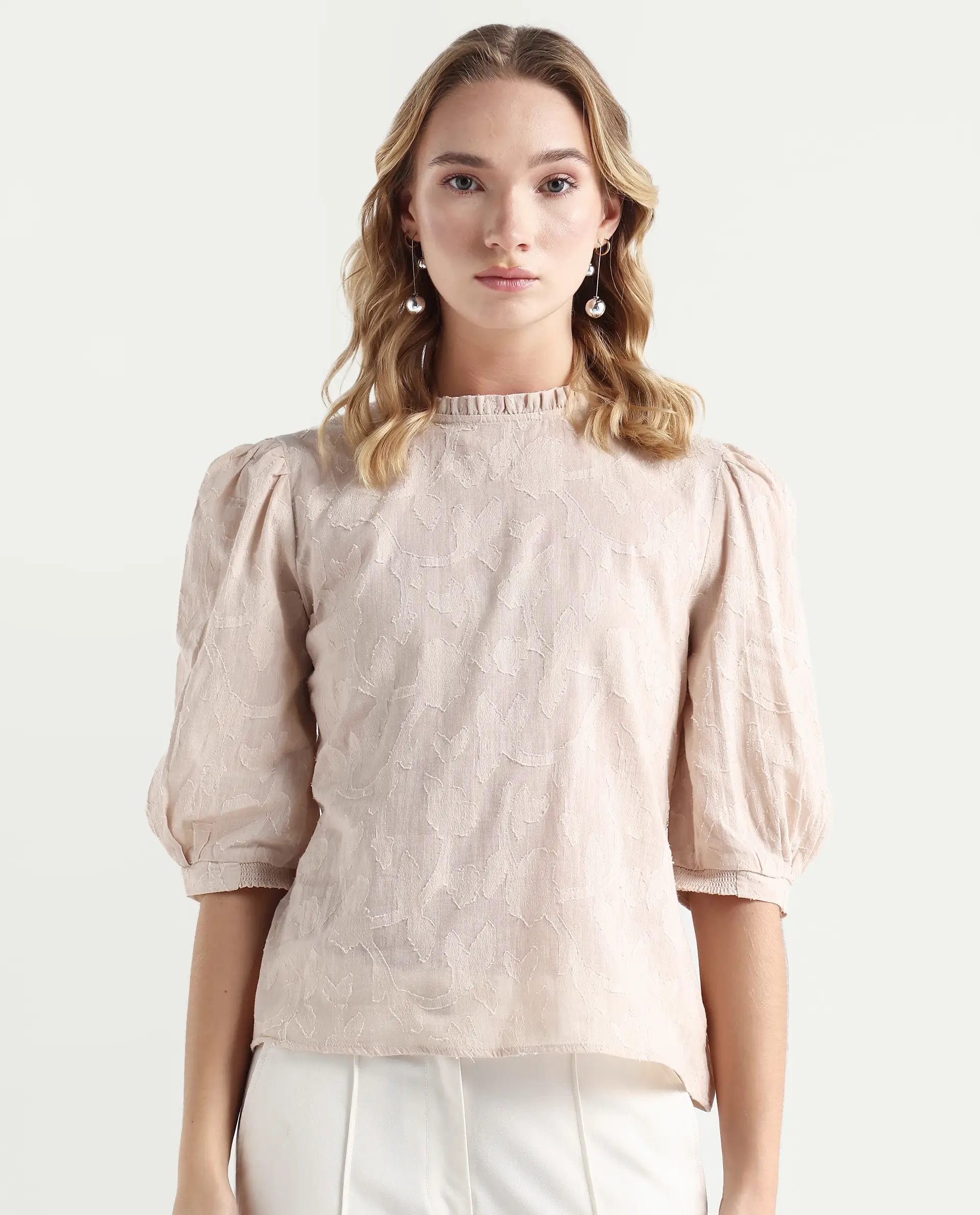 Rareism Women's Reis Beige Cotton Blend Crew Neck Plain Puff Sleeves Regular Fit Top - Image 3