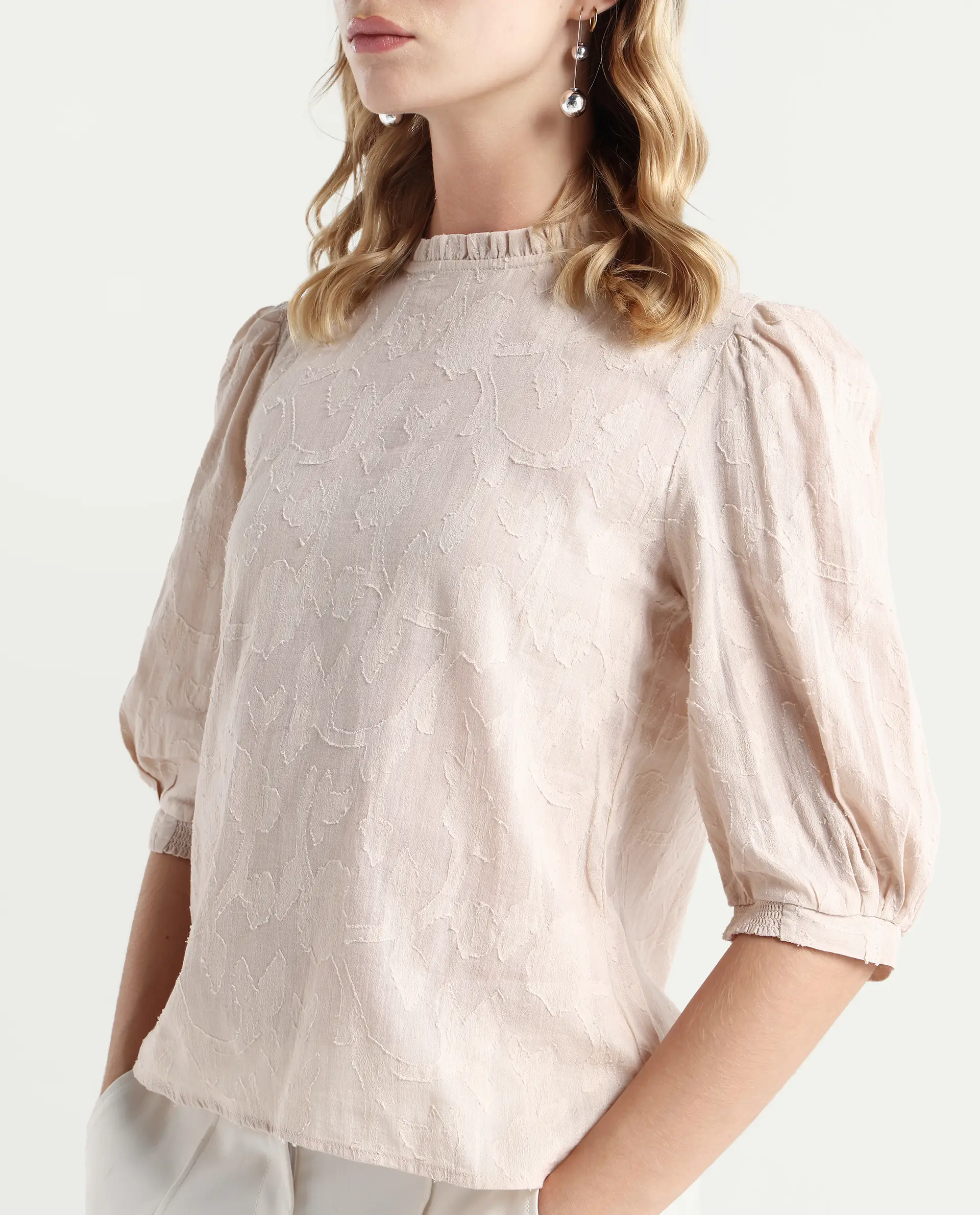 Rareism Women's Reis Beige Cotton Blend Crew Neck Plain Puff Sleeves Regular Fit Top - Image 4