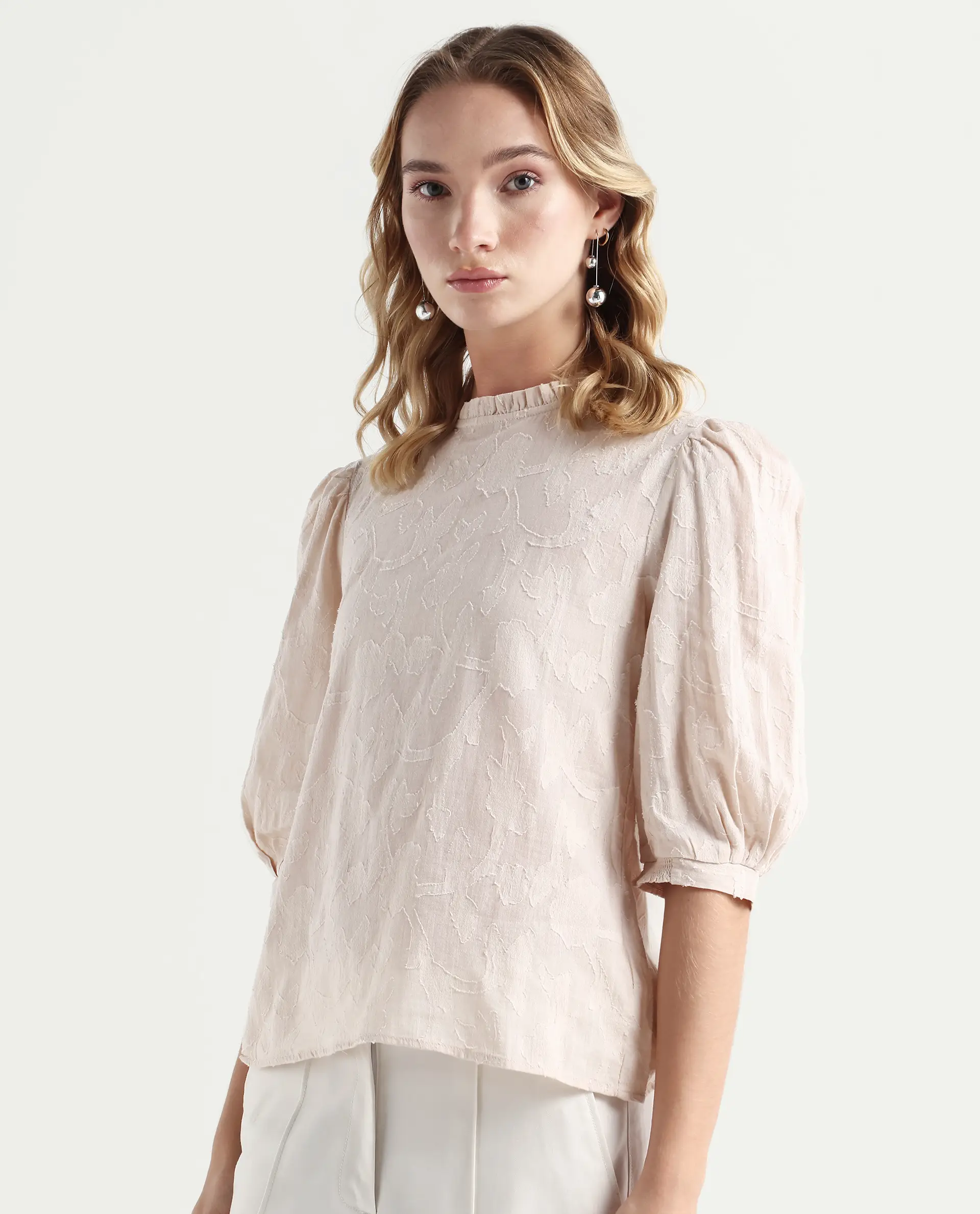 Rareism Women's Reis Beige Cotton Blend Crew Neck Plain Puff Sleeves Regular Fit Top - Image 5